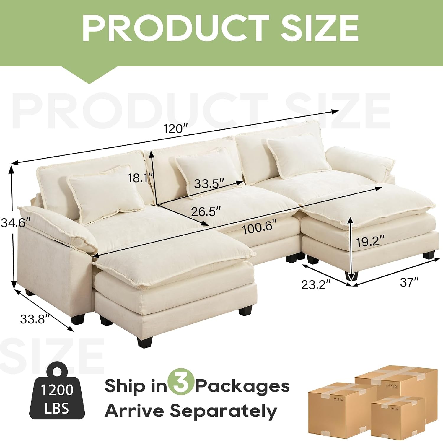 Oprisen 120' Modular Sectional Sofa, Comfy Cloud Couch Sectional Sofa with Ottoman, Chenille Sofa Sleeper Deep Seat Sofa with Throw Pillows for Living Room (Beige White, 120'- U Shape)