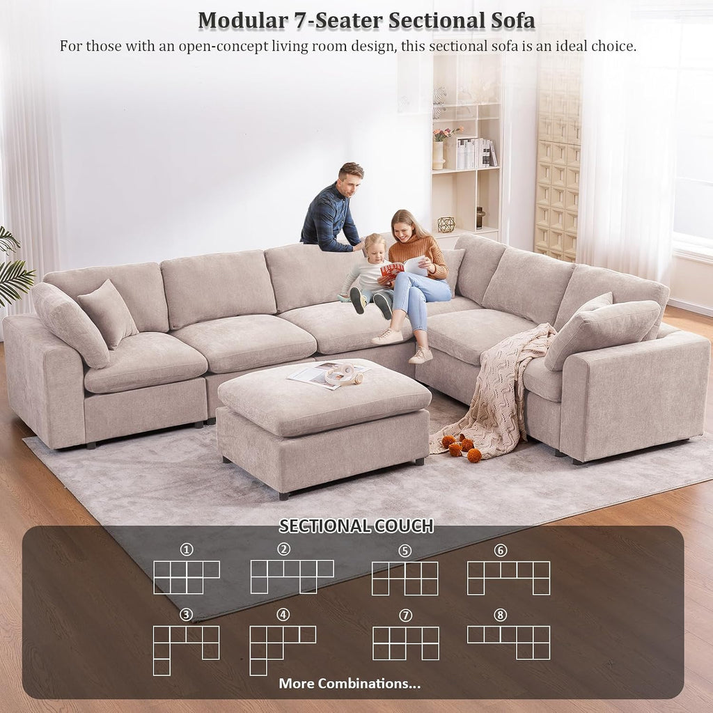 Oversized Modular Sectional Sofa Couch, Large 7 Seater Corner Sofa Modern U Shaped Sectional Couch with Ottoman Cloud Couches for Living Room, Office, Spacious Space, Beige - Chenille