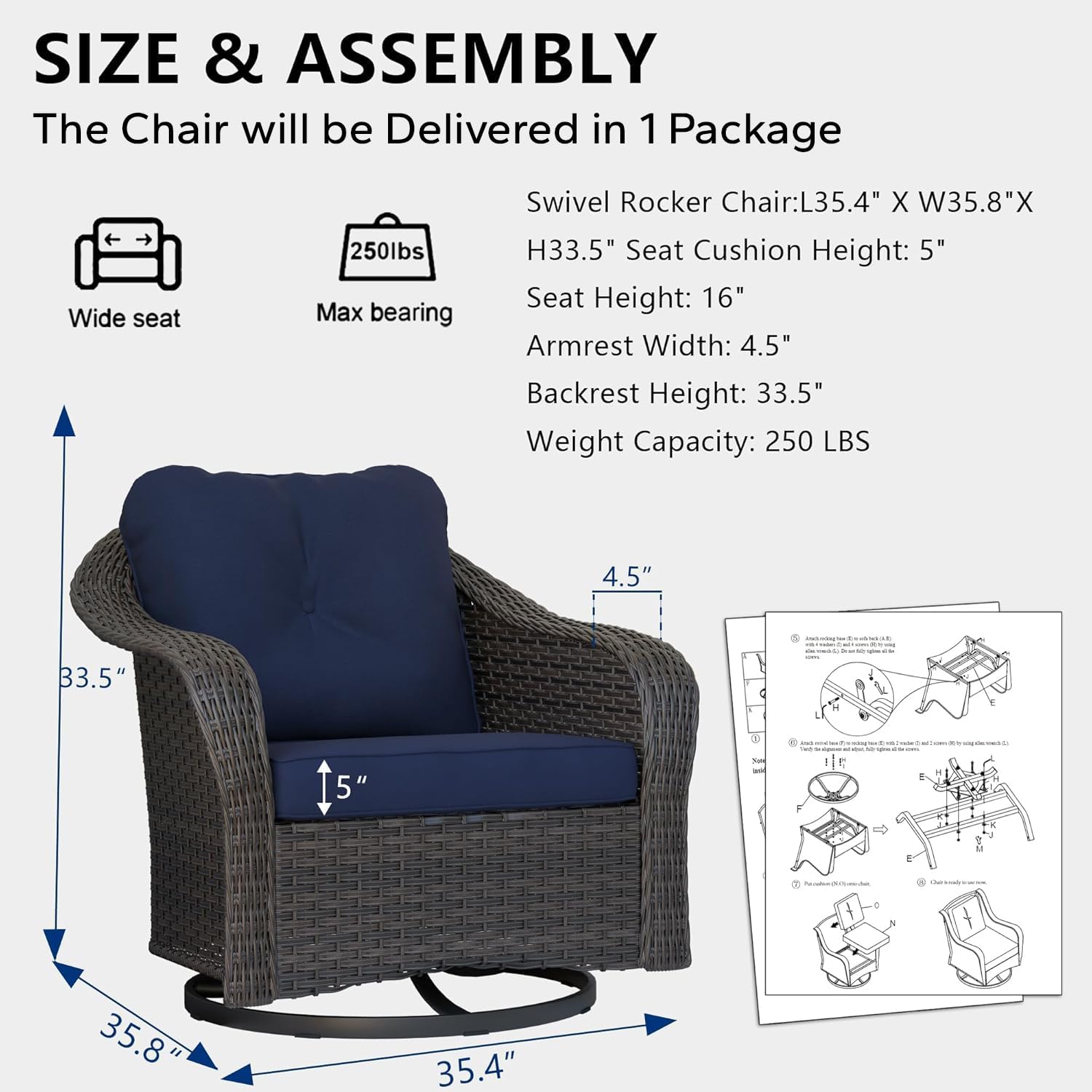 Wicker Swivel Rocking Chairs - Outdoor Brown Wicker Swivel Glider Chair Outdoor Rocking Chair with Water-Resistant Cushions, Blue