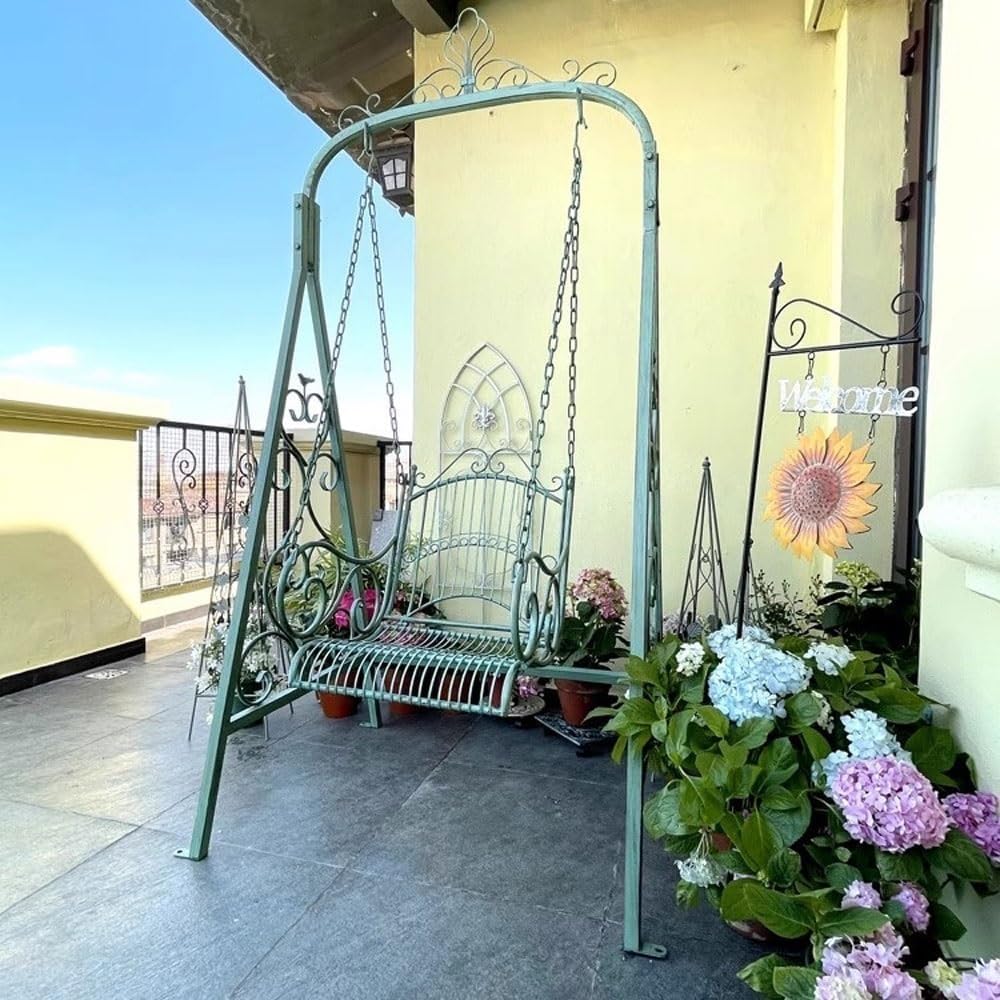 Heavy-Duty Outdoor Benchs Garden Balcony Patio Decorative Outdoor Rustic Vintage Iron Swing Chair for Hanging Double Rocking Slatted Seat for Park, Yard & Porch