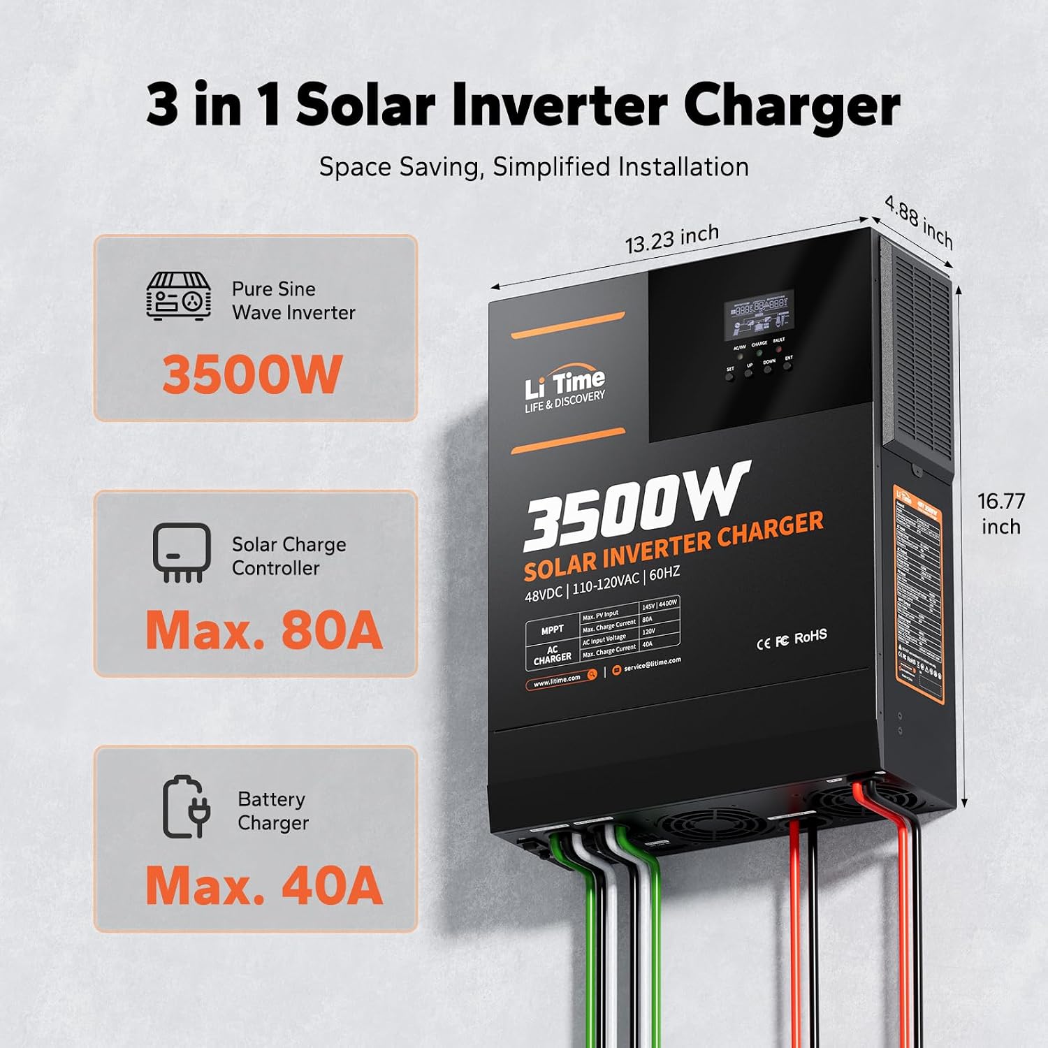 LiTime Solar Inverter Charger, 3500W DC 48V to AC 120V Pure Sine Wave Inverter with 80A MPPT Charge Controller, 40A AC Battery Charger, Uninterrupted Power Supply (UPS), RS485 Communication