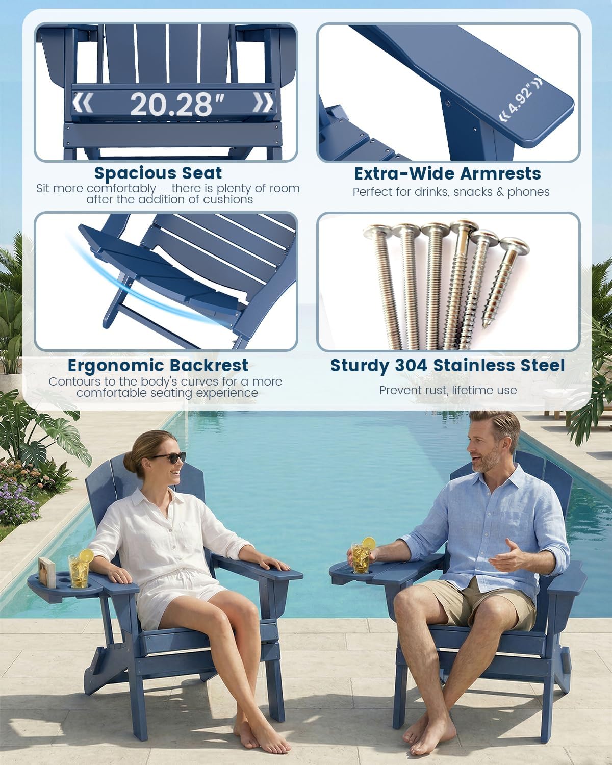 FOOWIN Folding Adirondack Chair Set of 8, HDPE Adirondack Chairs with Cup Holder, Weather Resistant Plastic Fire Pit Chairs for Outdoor, Patio, Lawn, Garden, Backyard, Deck, Dark Blue