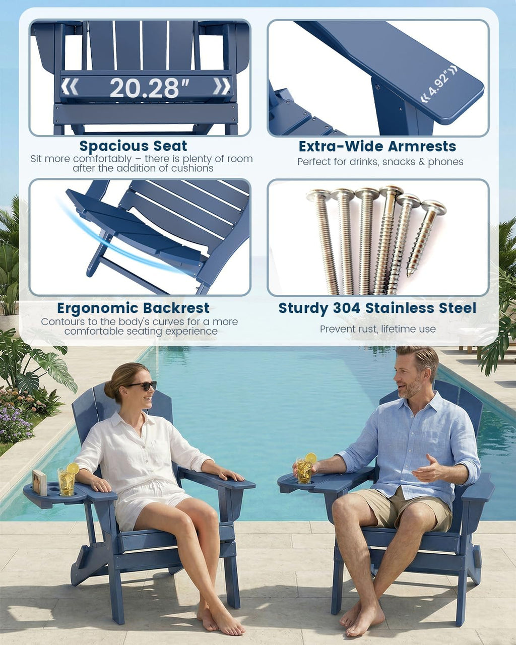 FOOWIN Folding Adirondack Chair, HDPE Adirondack Chairs with Cup Holder, Weather Resistant Plastic Fire Pit Chairs for Outdoor, Patio, Lawn, Garden, Backyard, Deck, Dark Blue