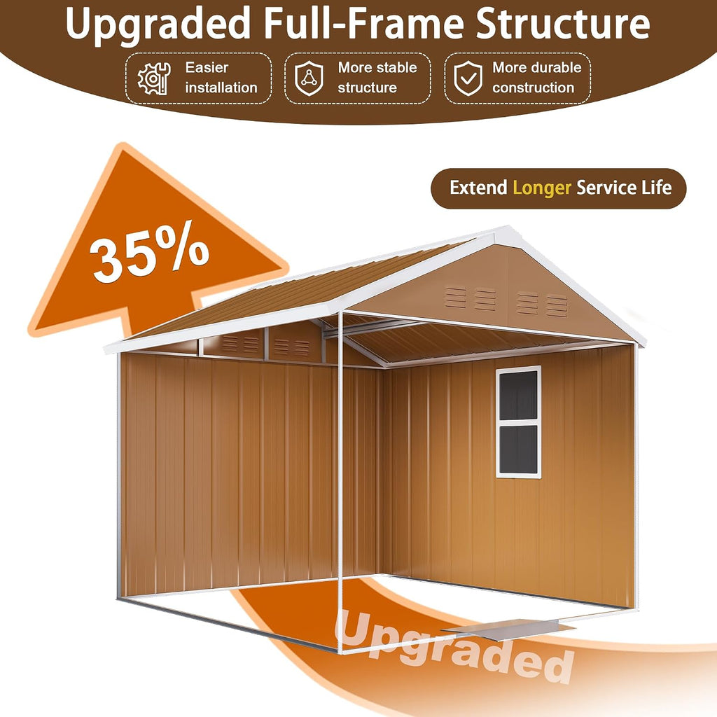 6x4 FT Outdoor Steel Storage Shed with Clear Windows, Sliding Lockable Door & Ventilation, Brown and White Weather-Resistant Metal Tool Shed for Garden, Backyard, Lawn, and Utility Storage