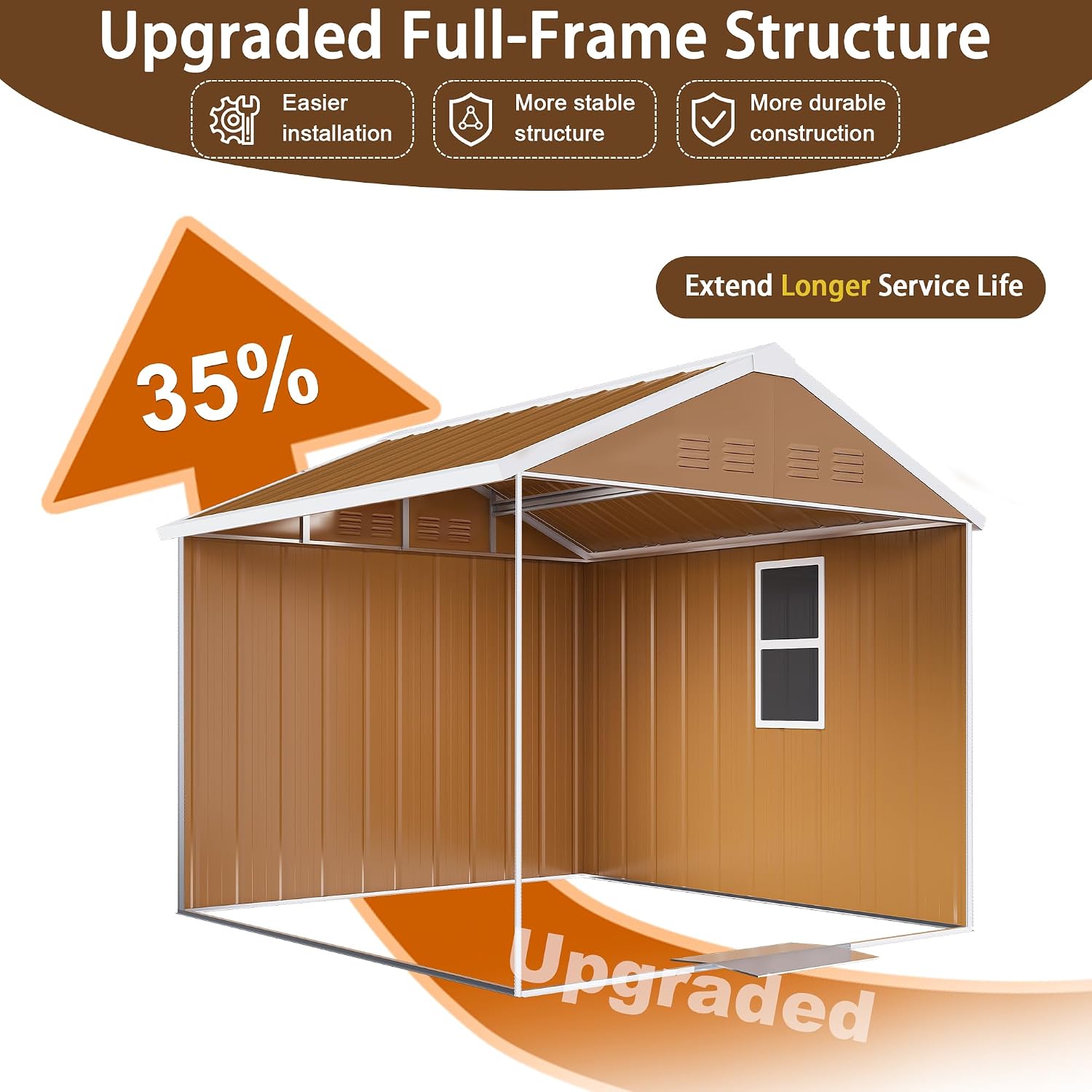 6x4 FT Outdoor Steel Storage Shed with Clear Windows, Sliding Lockable Door & Ventilation, Brown and White Weather-Resistant Metal Tool Shed for Garden, Backyard, Lawn, and Utility Storage