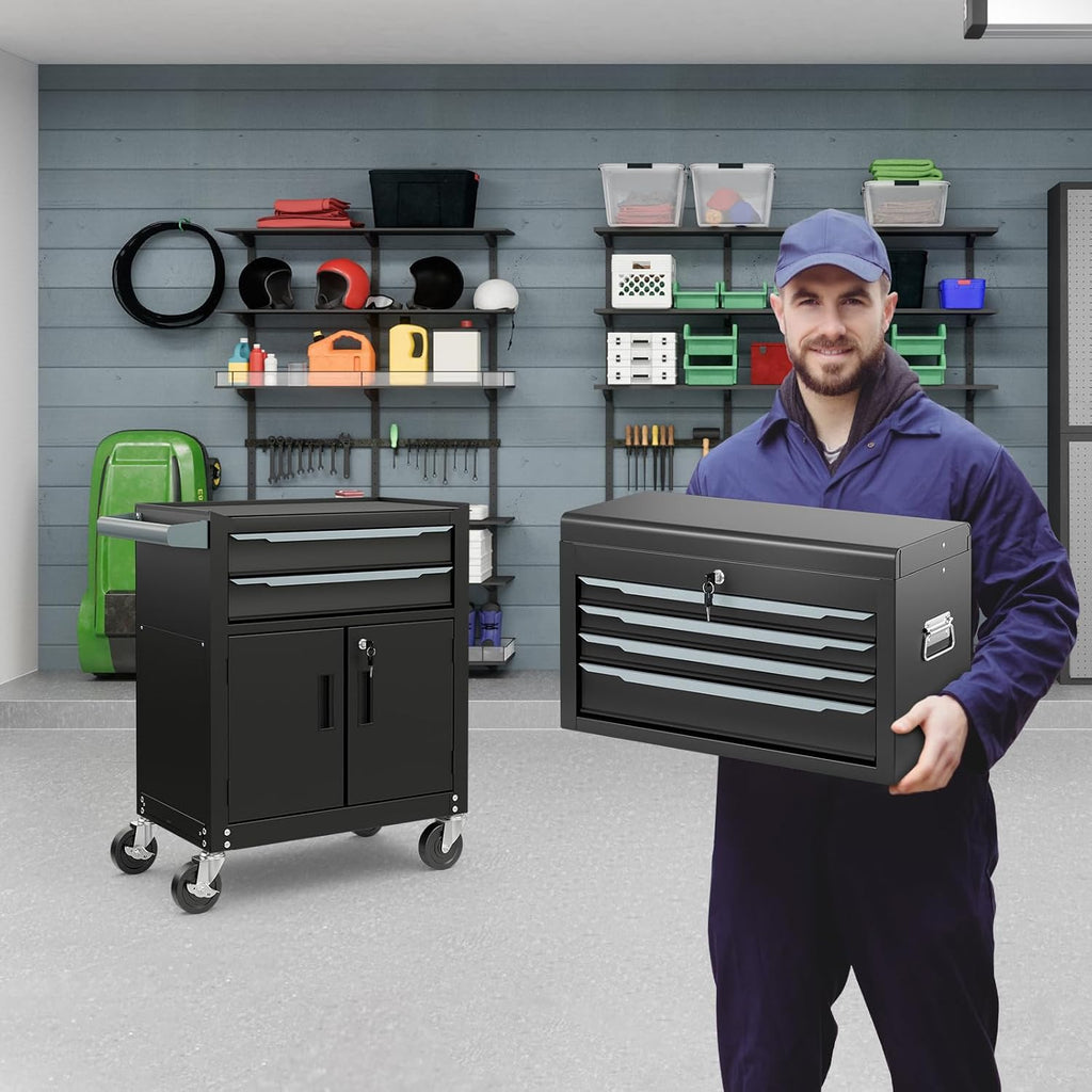 ERGOMASTER Large Rolling Tool-Chest with 6 Drawers Heavy Duty Tool-Cabinet on Wheels Lockable and Lock System for Garage Workshop(28 x 13 x 44'-Black)