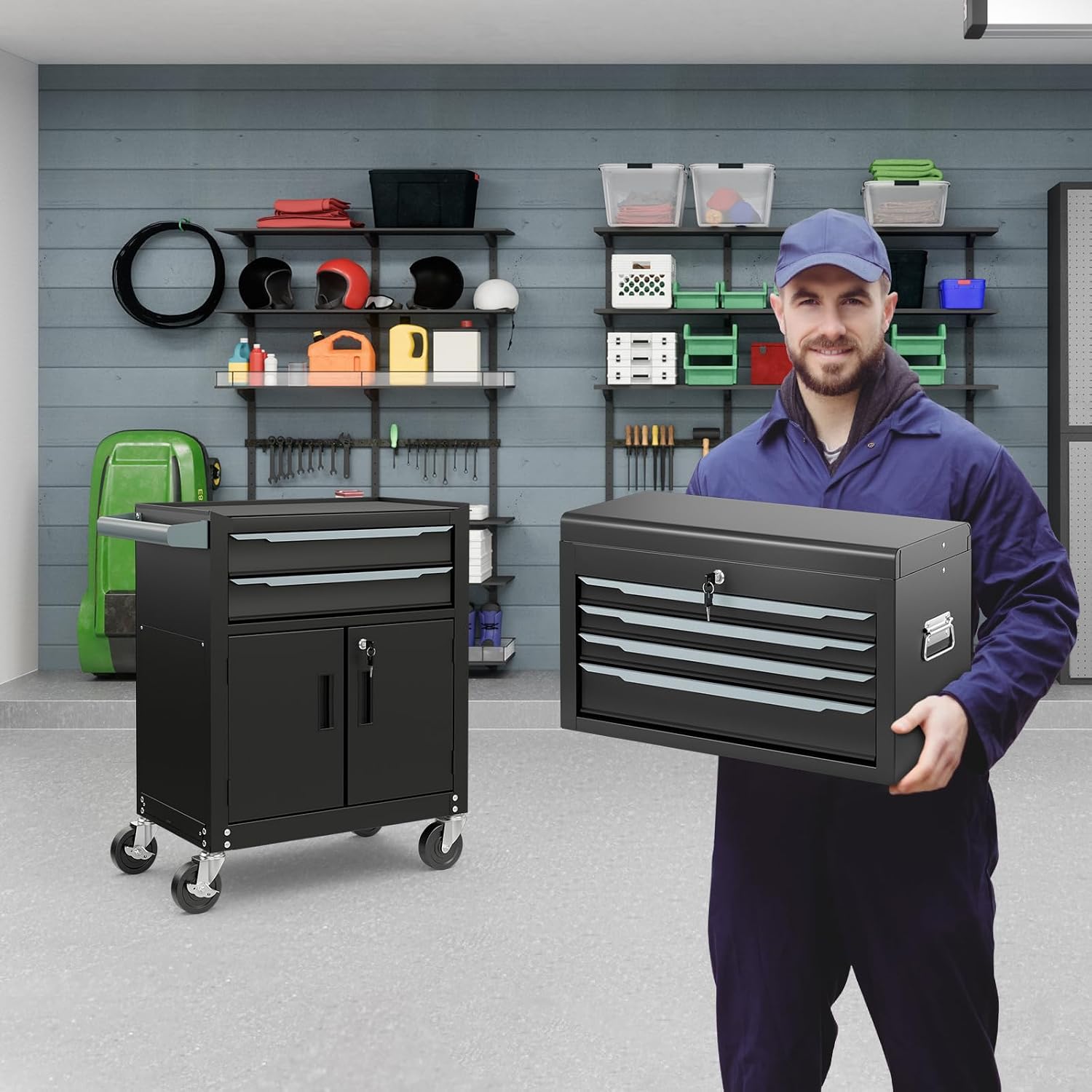 ERGOMASTER Large Rolling Tool-Chest with 6 Drawers Heavy Duty Tool-Cabinet on Wheels Lockable and Lock System for Garage Workshop(28 x 13 x 44'-Black)