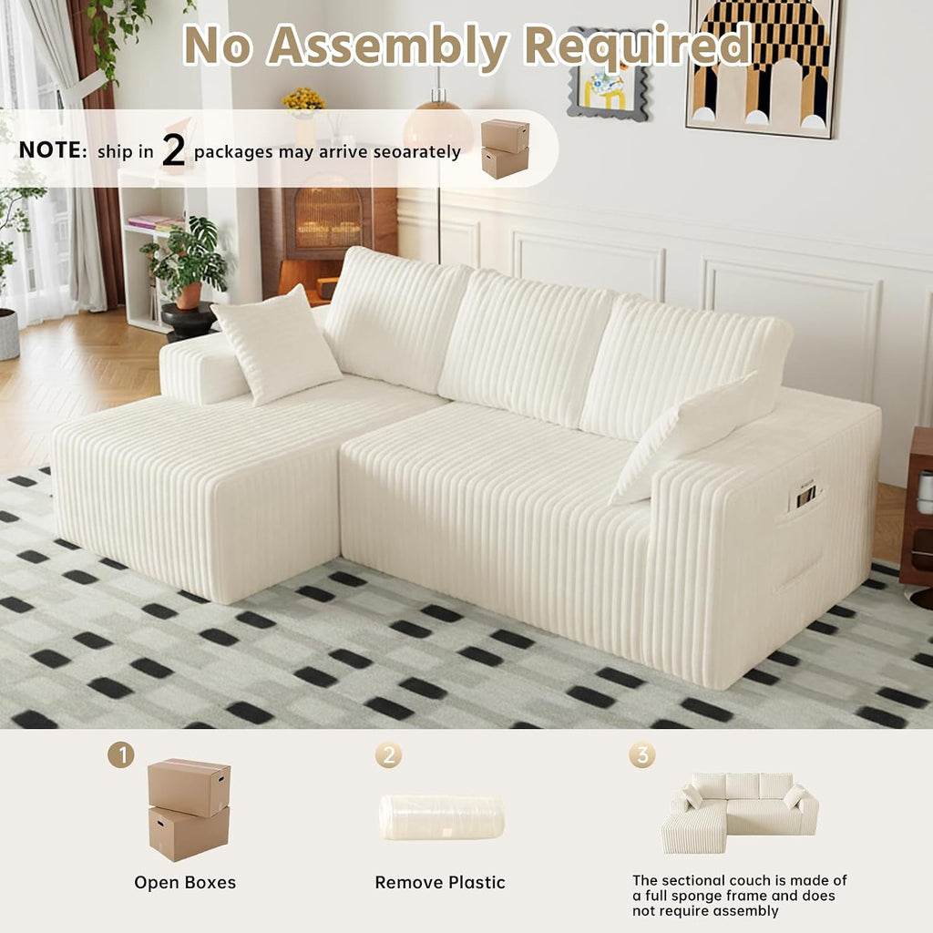 96' Modular Sectional Cloud Couch for Living Room Deep Seat L Shapes Boneless Couch with Oversized Chaise Lounge, Comfy Memory Foam Flannel Fabric Sofa for Bedroom Apartment, No Assembly Required