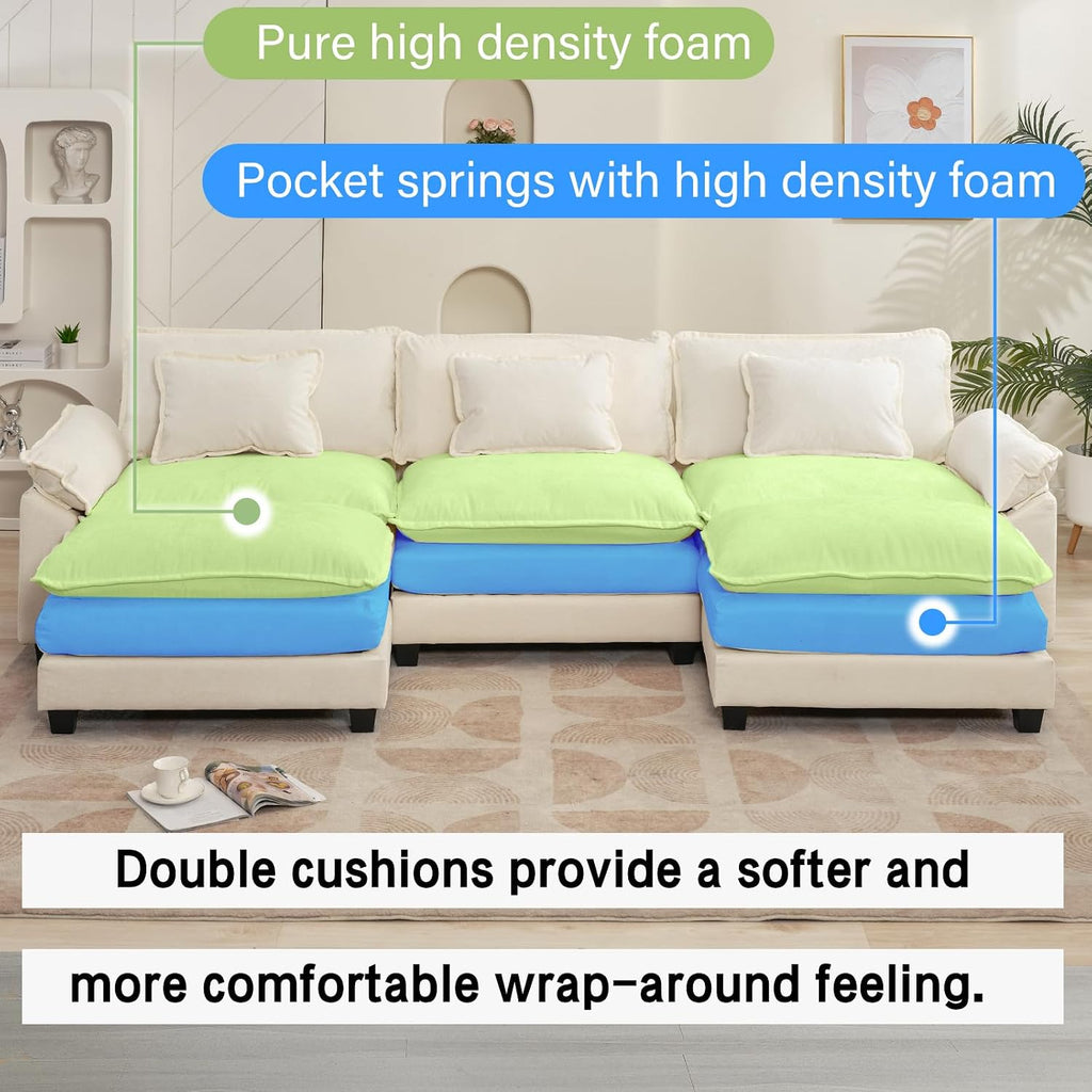 Oprisen 120' Modular Sectional Sofa, Comfy Cloud Couch Sectional Sofa with Ottoman, Chenille Sofa Sleeper Deep Seat Sofa with Throw Pillows for Living Room (Beige White, 120'- U Shape)
