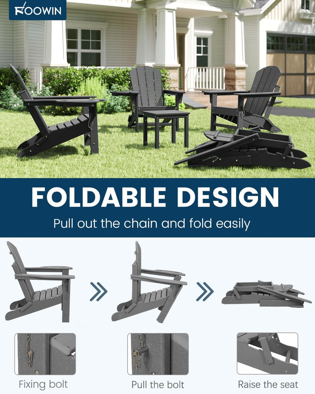 FOOWIN Folding Adirondack Chair, HDPE Adirondack Chairs with Cup Holder, Weather Resistant Plastic Fire Pit Chairs for Outdoor, Patio, Lawn, Garden, Backyard, Deck, Grey