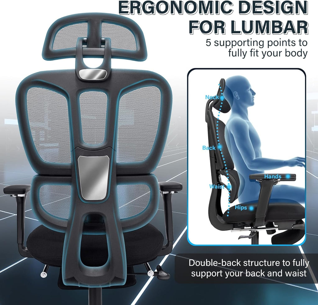 Ergonomic Mesh Office Chair with Retractable Footrest - High Back Computer Chair with Lumbar Support, Adjustable Armrests and Headrest - Adult Multifunctional Home Office Chair, Black