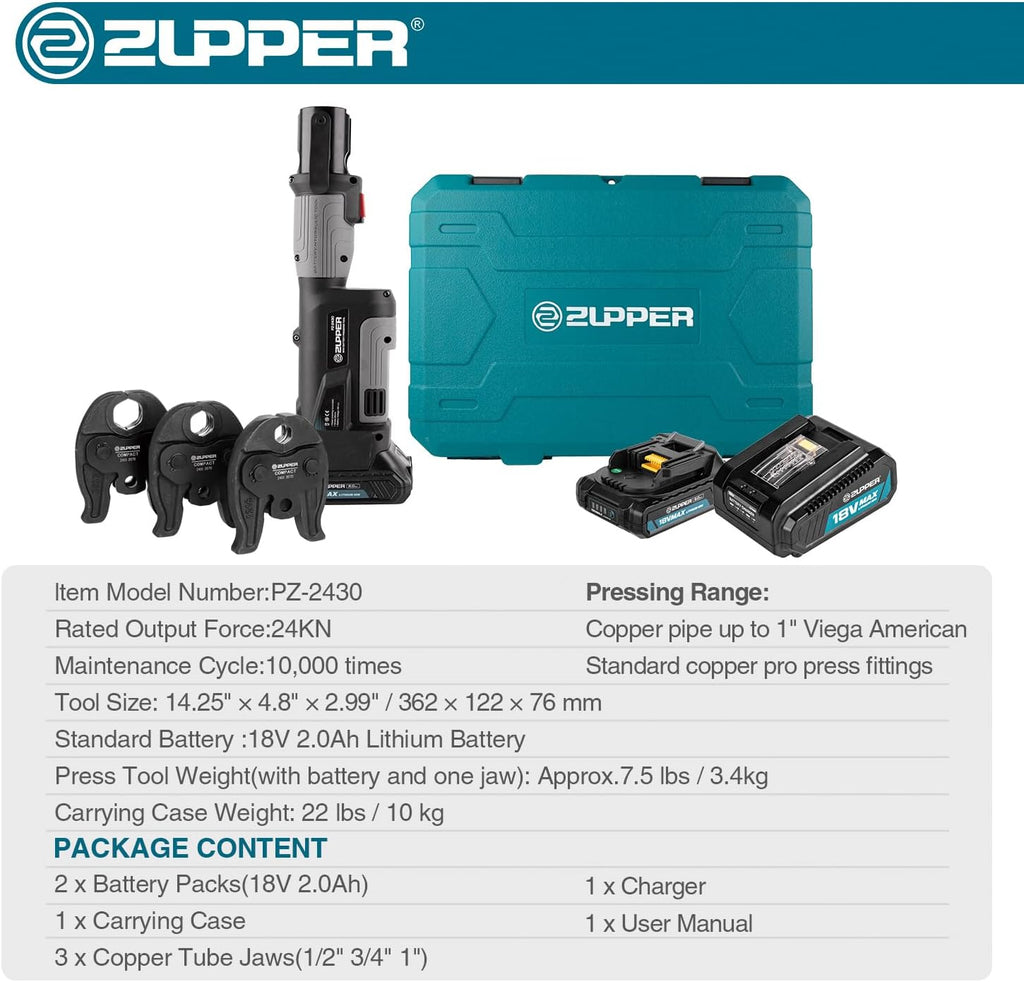 ZUPPER Press Tool, 18V Electric Pipe Crimping Tool for 1/2', 3/4', 1' Copper Pipes, Compact Press Tool Kit Suitable for Copper ProPress fittings - with 3 VUS Press Jaws, 2pcs Battery