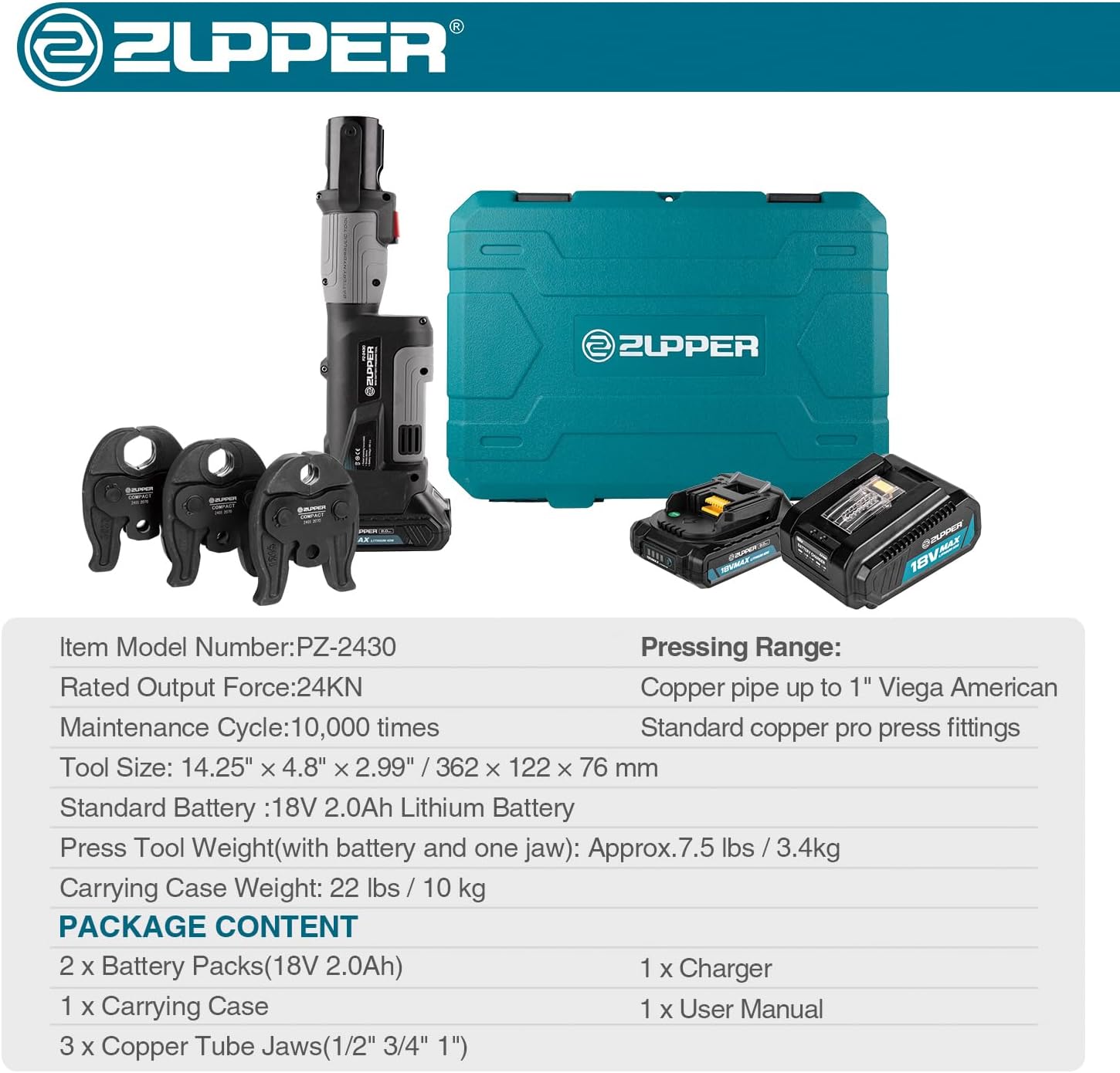 ZUPPER Press Tool, 18V Electric Pipe Crimping Tool for 1/2', 3/4', 1' Copper Pipes, Compact Press Tool Kit Suitable for Copper ProPress fittings - with 3 VUS Press Jaws, 2pcs Battery