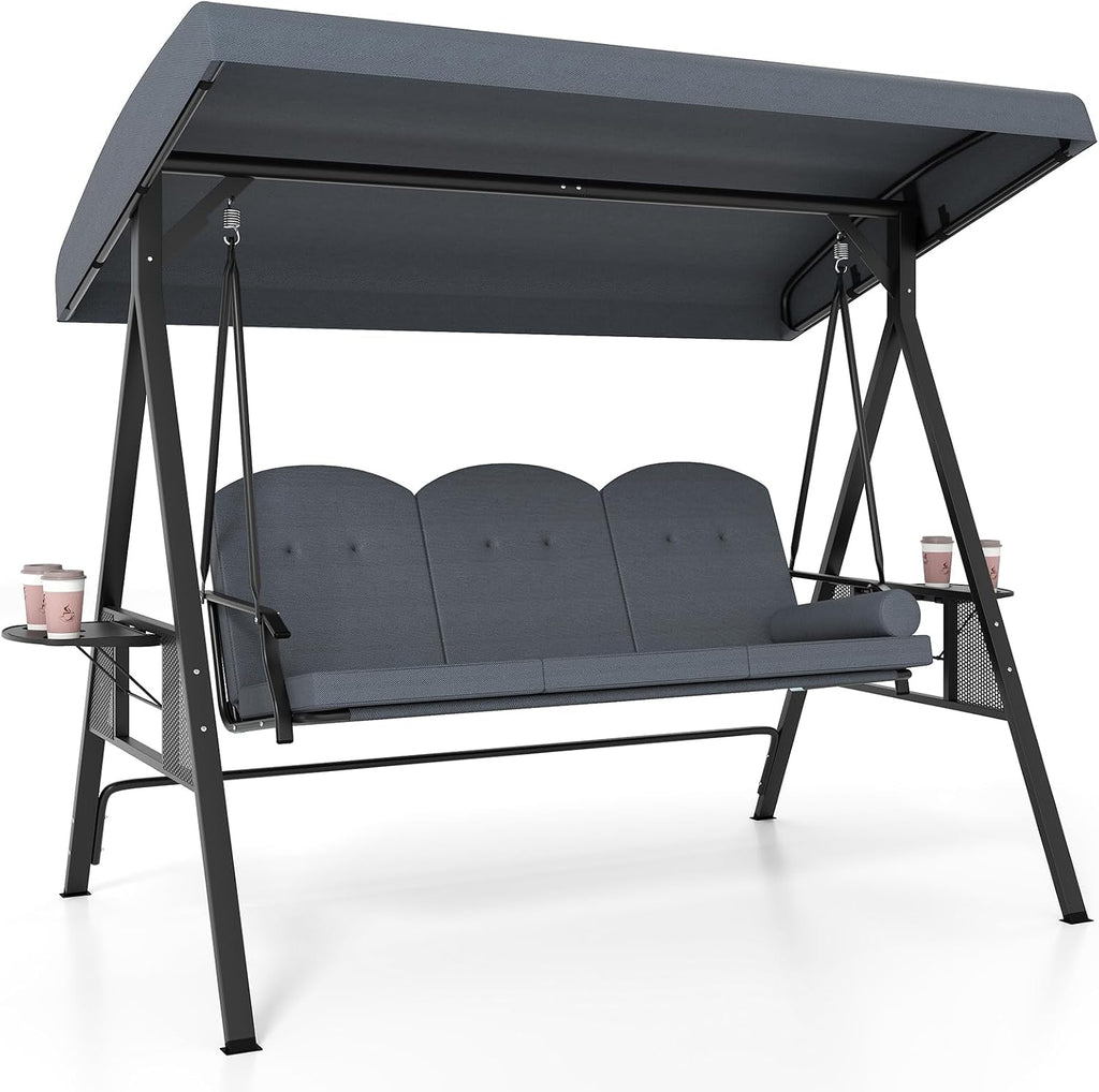 Tangkula 3 Person Porch Swing, Outdoor Swing with Adjustable Canopy, Thickened Cushions & Pillow, Metal Frame, Foldable Side Tray for Backyard, Garden and Poolside (Grey)