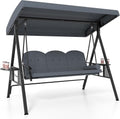 Tangkula 3 Person Porch Swing, Outdoor Swing with Adjustable Canopy, Thickened Cushions & Pillow, Metal Frame, Foldable Side Tray for Backyard, Garden and Poolside (Grey)