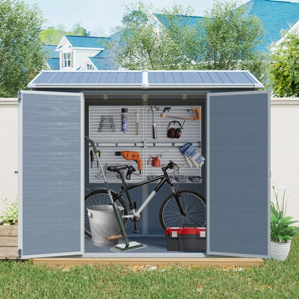 8x4FT Resin Garden Shed - Plastic Lean to Shed with Floor, Lockable Outdoor Storage Sheds for Patio Yard, Outdoor Shed with Floor Included (White)