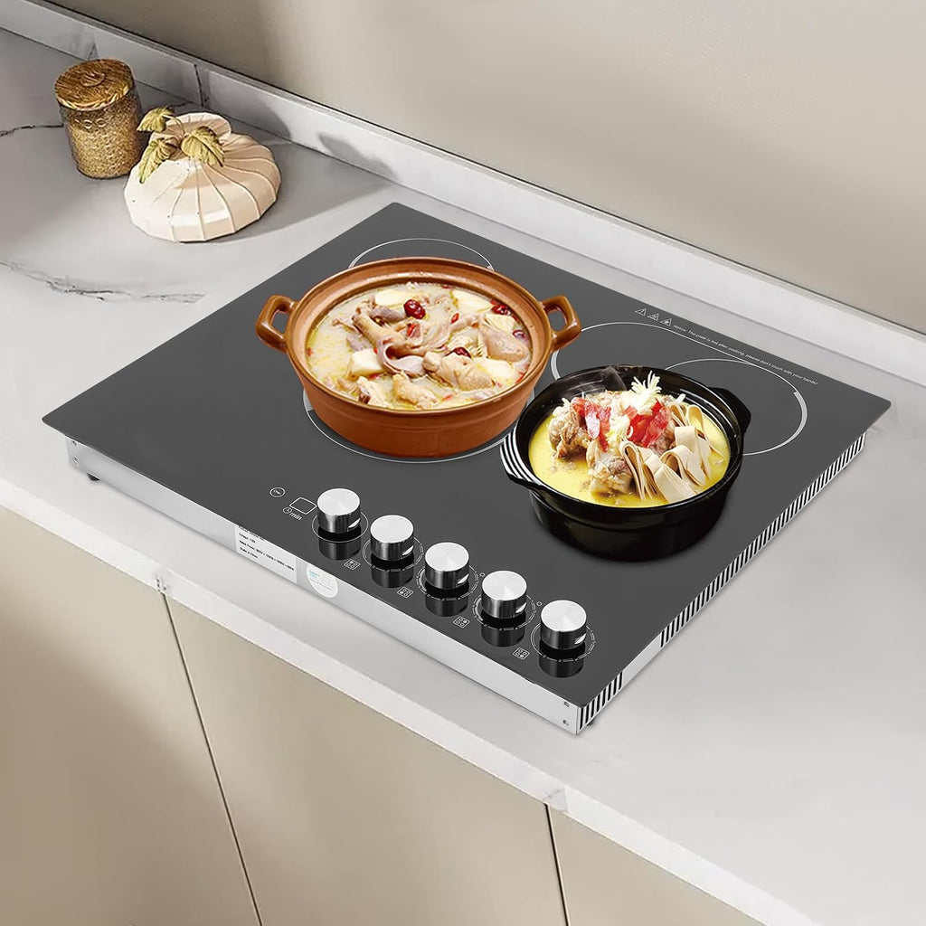 4 Burners Electric Stove Top with Knob Control, 23 Inch Radiant Electric Cooktop Countertop & Built-in, 110V Cooktop with 5 Power Levels, Auto Shut-Off and Overheat Protection (No Plug)