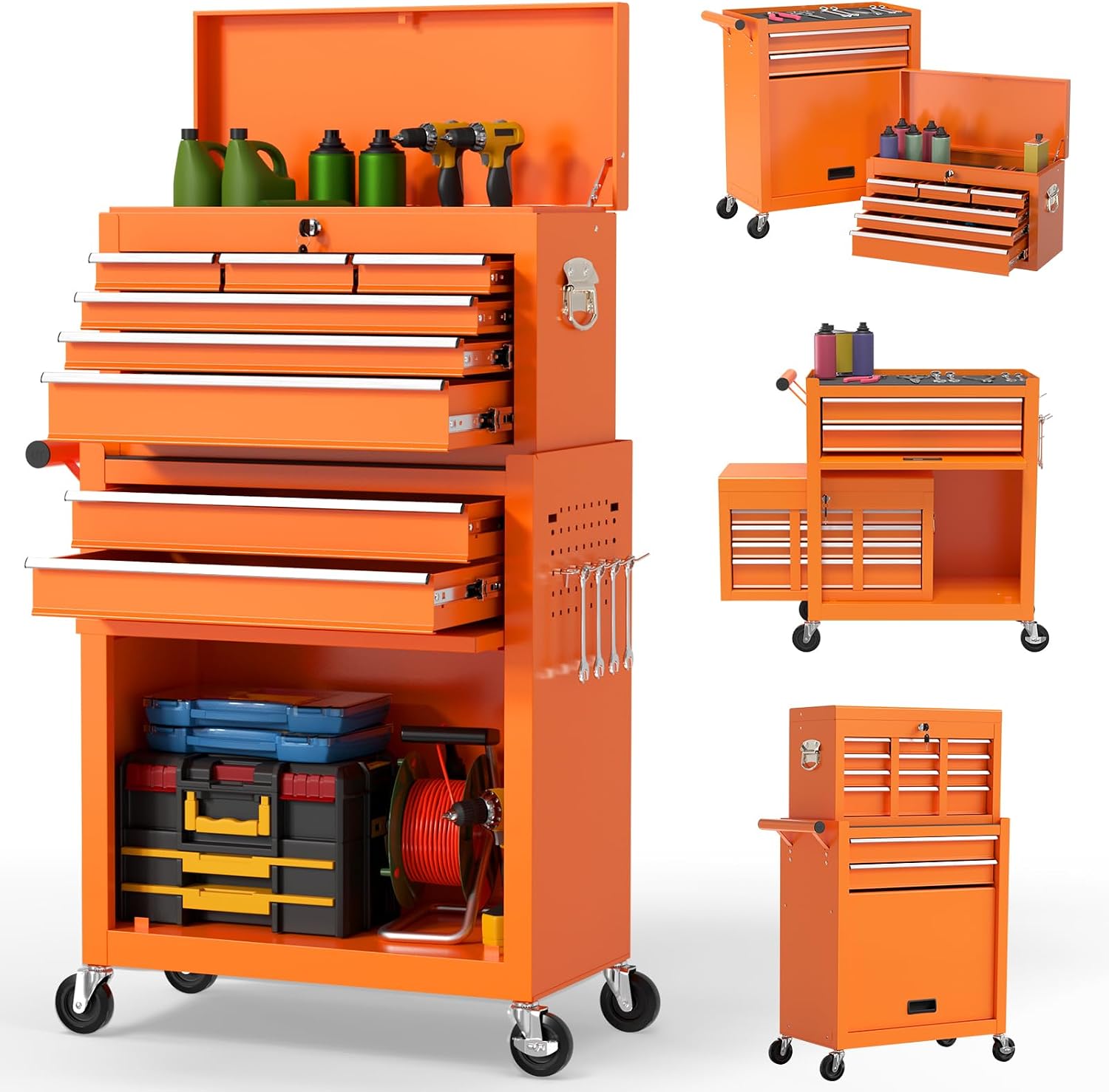 On Shine 8 Drawer Rolling Tool Chest, Large Capacity Rolling Tool Box with Wheels, Locking Mechanical Tool Chest, Portable Tool Box with Sliding Drawers for Garage Workshop and Tool Room (Orange)