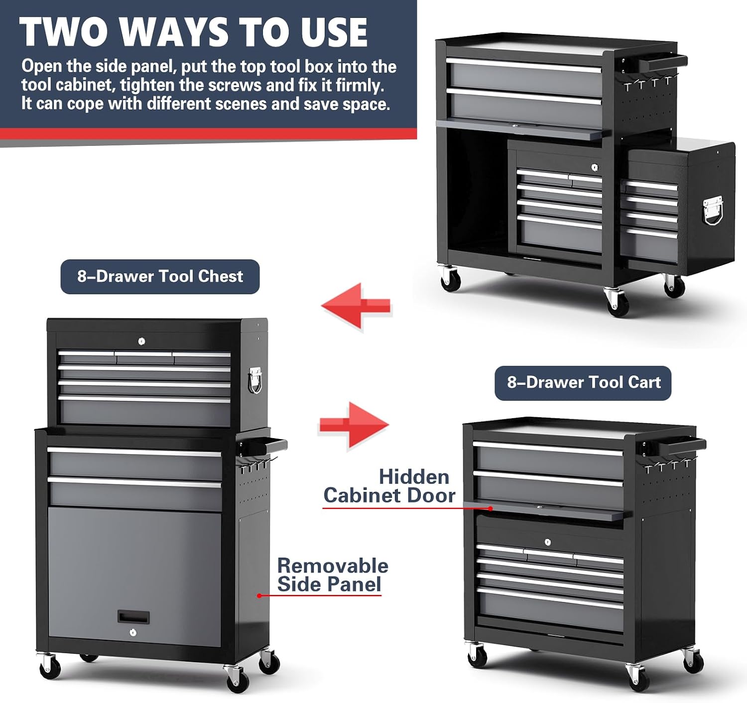 Tool Chest 8-Drawer | 42'' Large Rolling Tool Chest with Wheels | Detachable Top Metal Tool Box | Garage Storage Cabinet for Repair Room,Warehouse | Rolling Tool Box with Hooks,Liners,Tray Divider