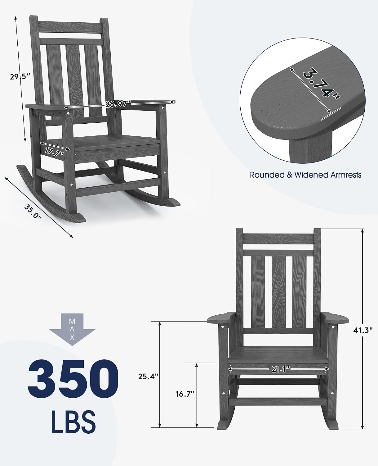 KINGYES Oversized Outdoor Rocking Chair Set of 4, All-Weather Patio Rocking Chairs for Porch, HDPE Outdoor Patio Rockers with High Back & Wide Seat for Garden, Lawn, Gray