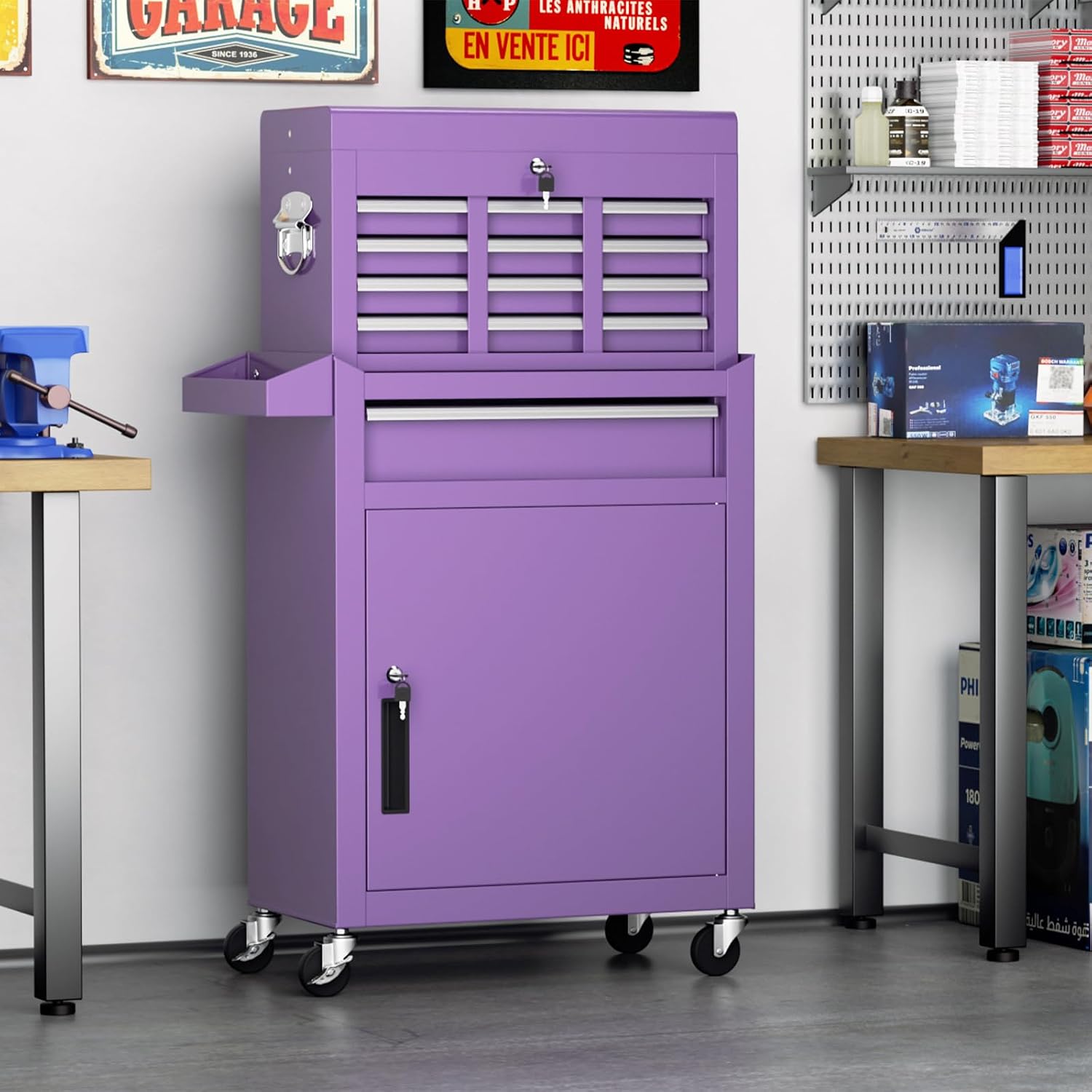 Oakcloud Heavy-Duty 5-Drawer Rolling Tool Chest & Cabinet Combo with Black Liner – Lockable Steel Garage Tool Box on Wheels – Detachable Top Toolbox & Bottom Storage Cart with Side Hooks, Purple