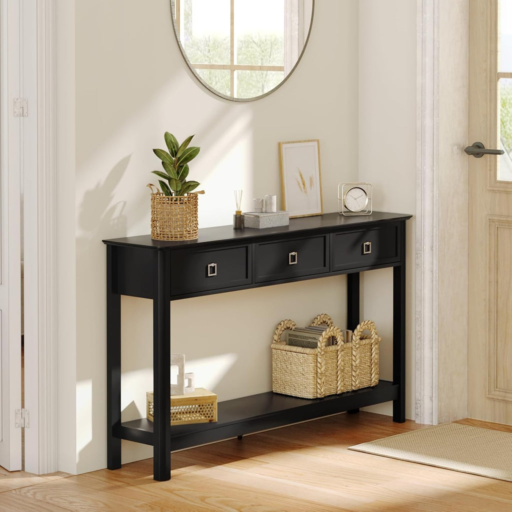 Treocho 53.1' Console Table with 3 Drawers, Modern Entryway Table, 2-Tier Narrow Long Sofa Table Behind Couch Table for Living Room, Hallway, Black