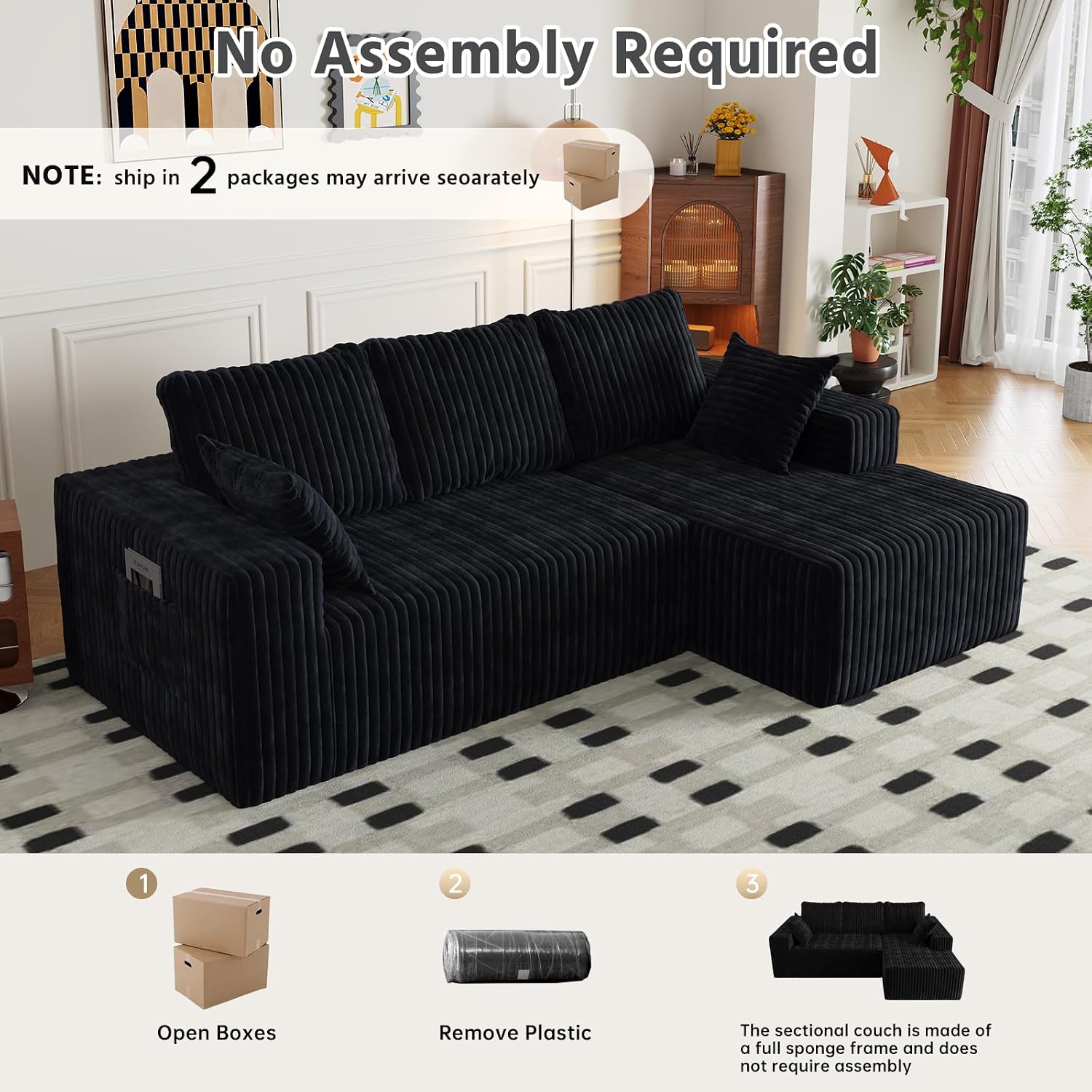 96' Modular Sectional Cloud Couch for Living Room Deep Seat L Shapes Boneless Couch with Oversized Chaise Lounge, Comfy Memory Foam Flannel Fabric Sofa for Bedroom Apartment, No Assembly Required