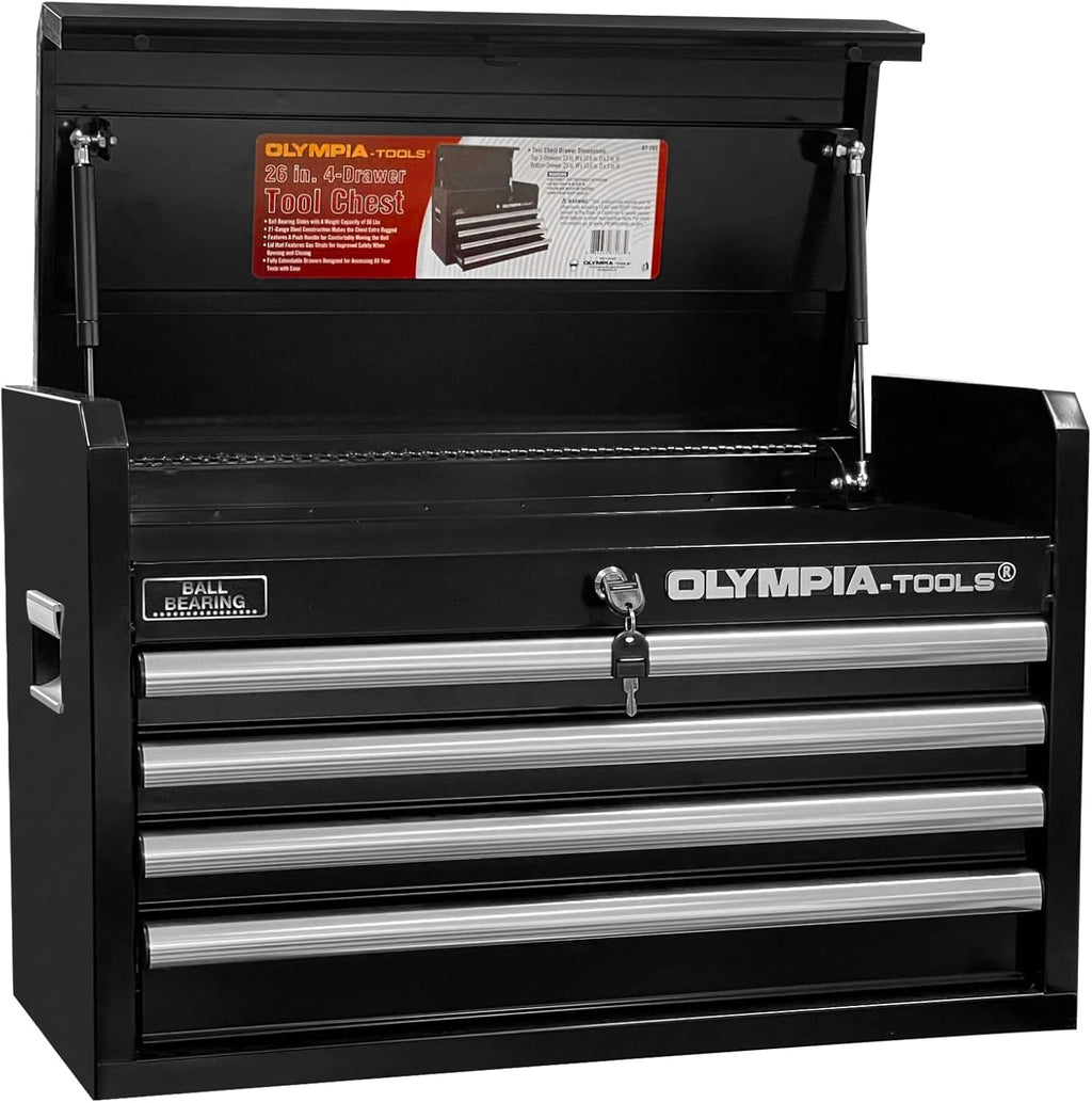 Olympia Tools 26-Inch 4-Drawer Portable Tool Chest, Metal Storage Organizer Box, Black - Work Toolbox for Home Garage and Workshop with Locking Lid and Ball Bearing Slides