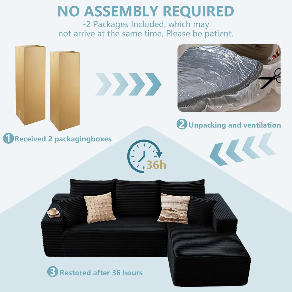 107' W Cloud Sectional Couch with L-Shape Chaise, Modern Corduroy Boneless Couch for Living Room,Memory Foam Sofa with Deep Seat,No Assembly Required (Black,Right-Facing Chaise)