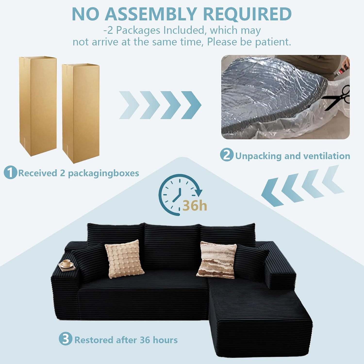 107' W Cloud Sectional Couch with L-Shape Chaise, Modern Corduroy Boneless Couch for Living Room,Memory Foam Sofa with Deep Seat,No Assembly Required (Black,Right-Facing Chaise)