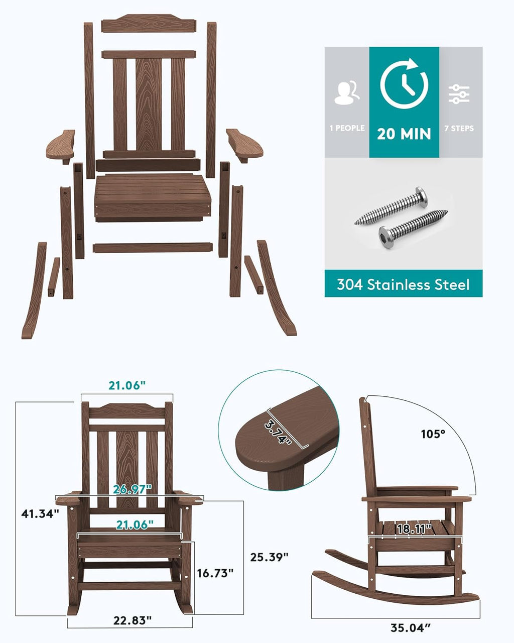 SERWALL HDPE Outdoor Rocking Chairs for Adults, Outdoor Rocking Chairs Set of 2, Patio Rocking Chair Sets, Coffee