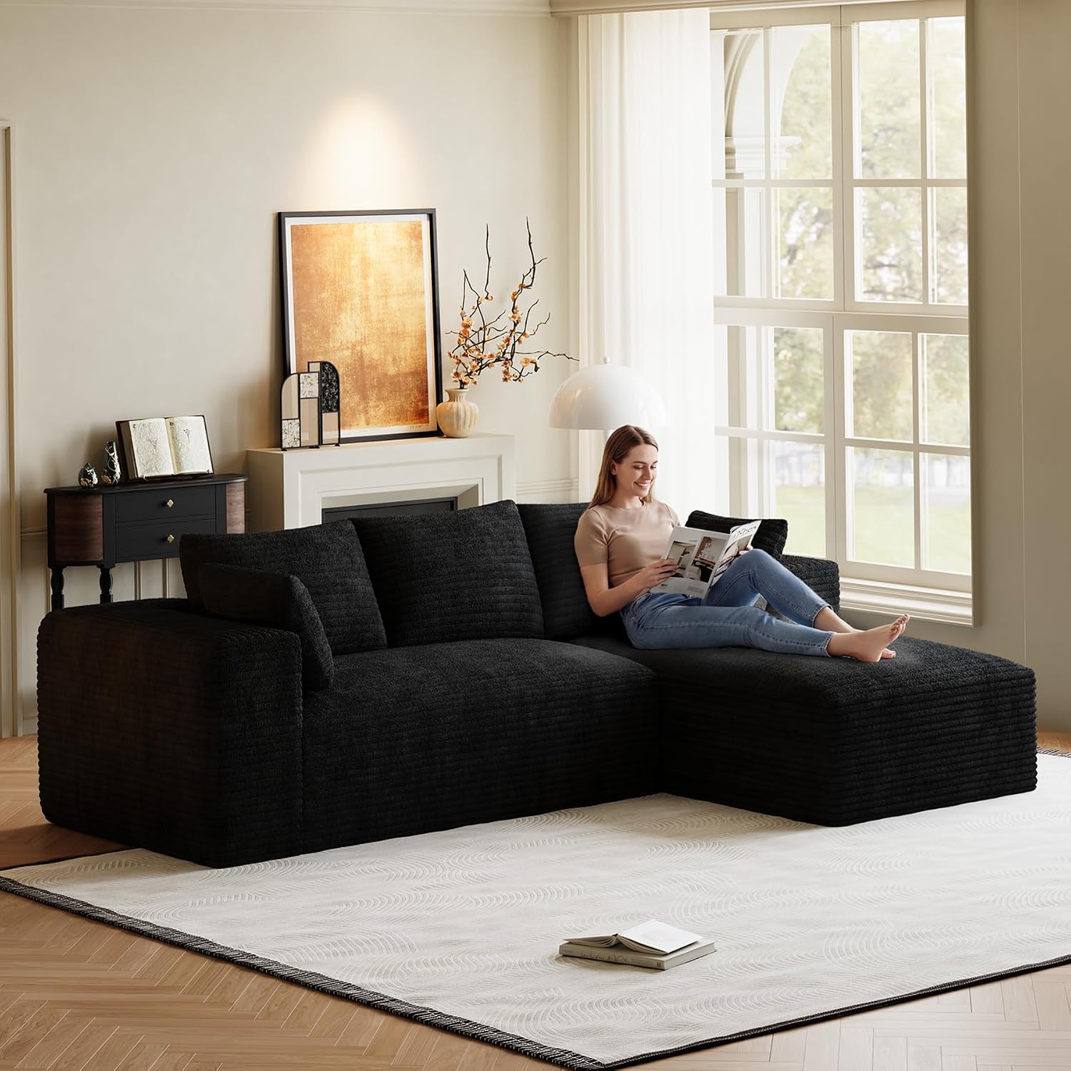 107' L-Shaped Boneless Sectional Couches for Living Room, Comfy Corduroy Fluffy Cloud Couch, Deep Seat Memory Foam Plush Modular Sectional Sofa with Right-Facing Chaise, No Assembly, Black