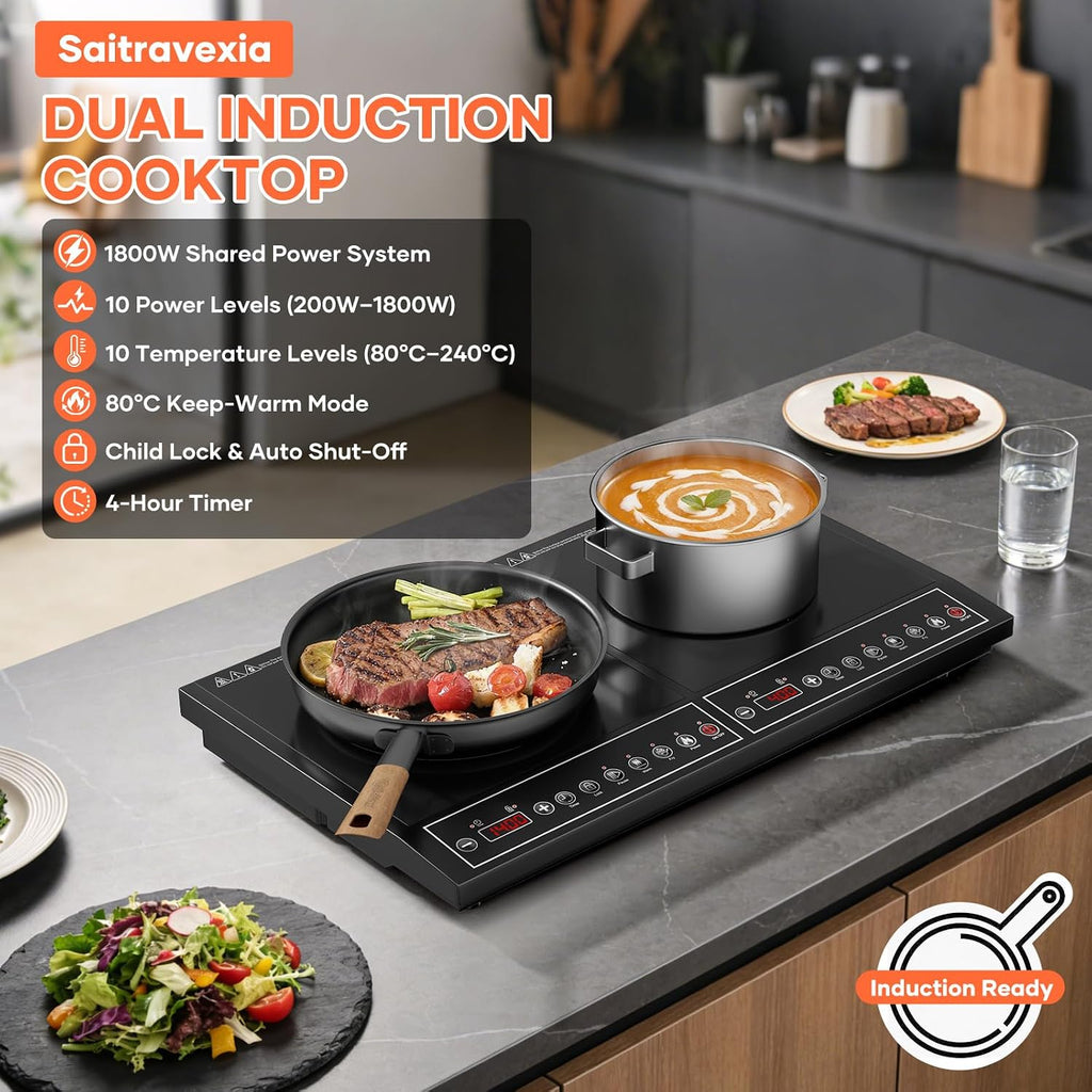 Double Induction Cooktop 1800W, Portable 2 Burner Electric Cooktop with Button Control, 10 Power Levels, 4-Hour Timer, Safety Lock, 110-120V