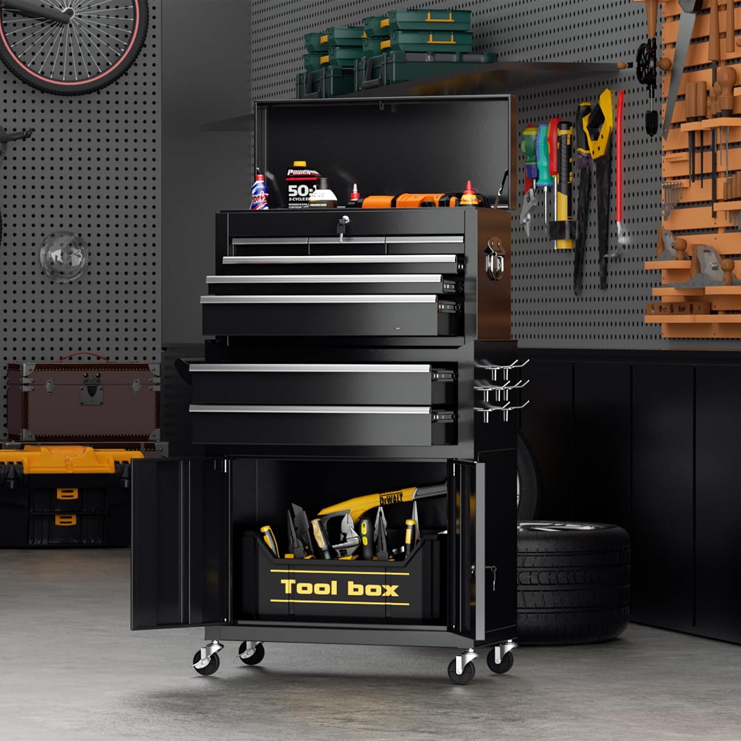 Crownland 8-Drawer Rolling Tool Chest with Wheels, Lockable 2 in 1 Detachable Tool Cabinet wit Drawers and Black Liners, Garage Top Toolbox & Bottom Storage Cart with Side Hooks(Black)