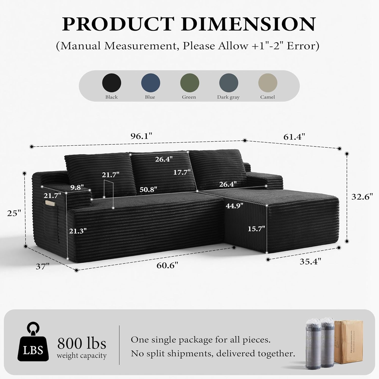 Sectional Couches for Living Room Cloud Couch Sofa with L-Shape Upholstered Boneless Couchs Modern Modular Sectional Couch with Chaise (Black, 96' W+Right Facing Chaise+2Seaters)