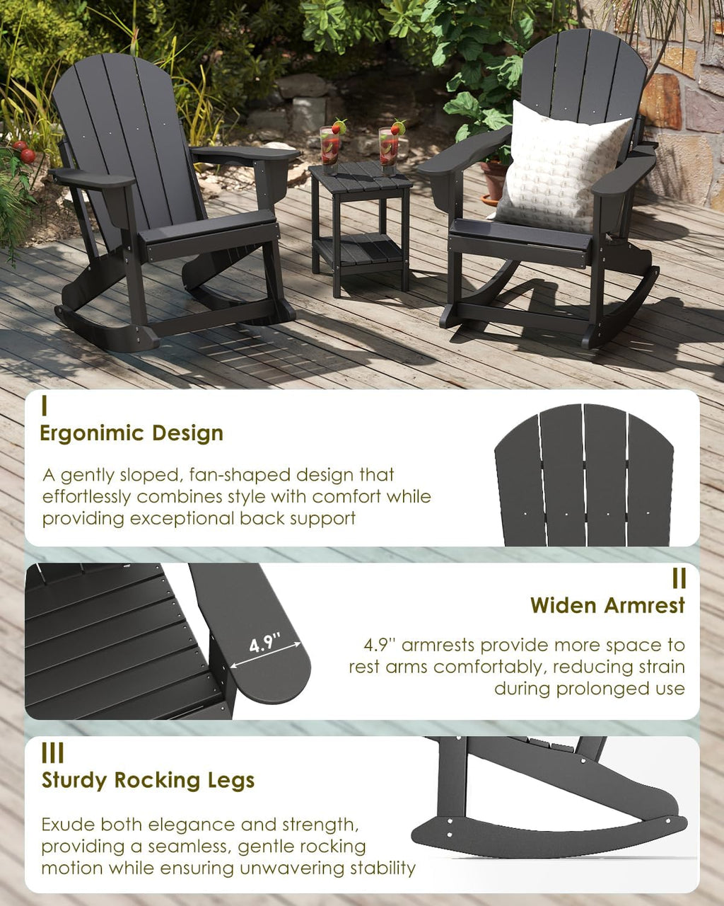 GREENVINES Adirondack Rocking Chairs Set of 2 | HDPE Plastic | Porch Rocker | Chair for Patio Outdoor Deck | All Weather | Black
