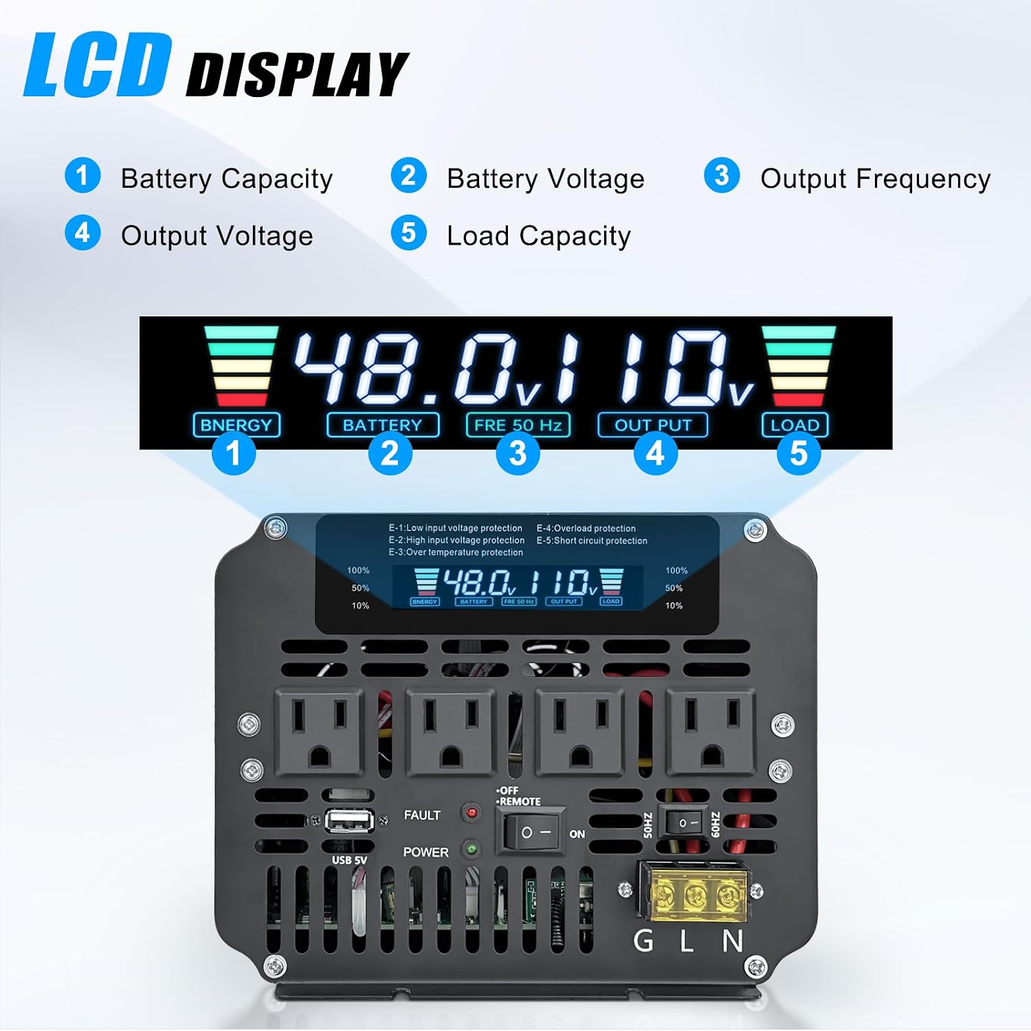 LVYUAN 5000 Watt Power Inverter 48V to 110V 120V for Vehicle, Solar Inverter System, Heavy Duty, RV, Truck, Off Grid,Camping with 4 AC Outlets, LCD Display, Wireless Remote Control, Car Power Inverter