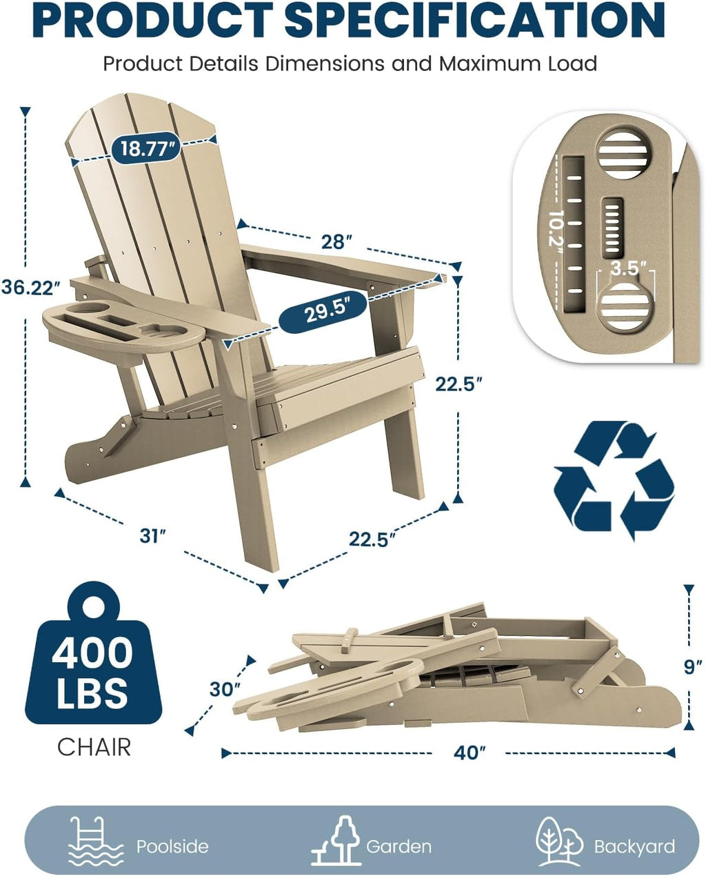 FOOWIN Folding Adirondack Chair, HDPE Adirondack Chairs with Cup Holder, Weather Resistant Plastic Fire Pit Chairs for Outdoor, Patio, Lawn, Garden, Backyard, Deck, Brown