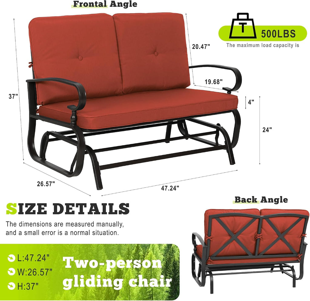 SUNCROWN Outdoor Swing Glider Chair, Patio 2 Seats Loveseat Rocking Chair with Cushions, Steel Frame Furniture-Red