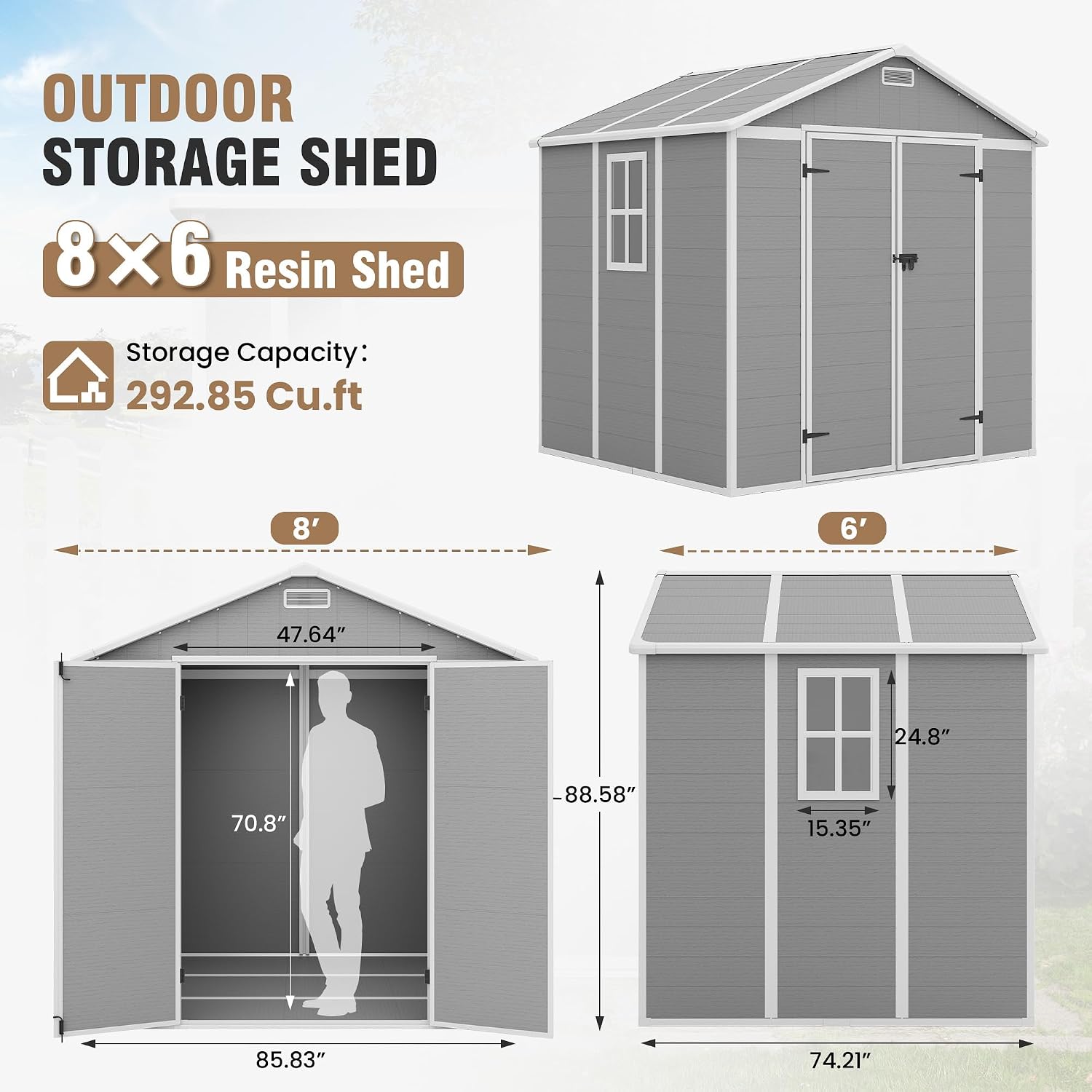 Outdoor Storage Shed, 8x6 FT Resin Shed with Floor Included and Lockable Door, Window & Vents, Tool Sheds, Outdoor Storage for Bike, Garden Accessories, Tools, Waterproof