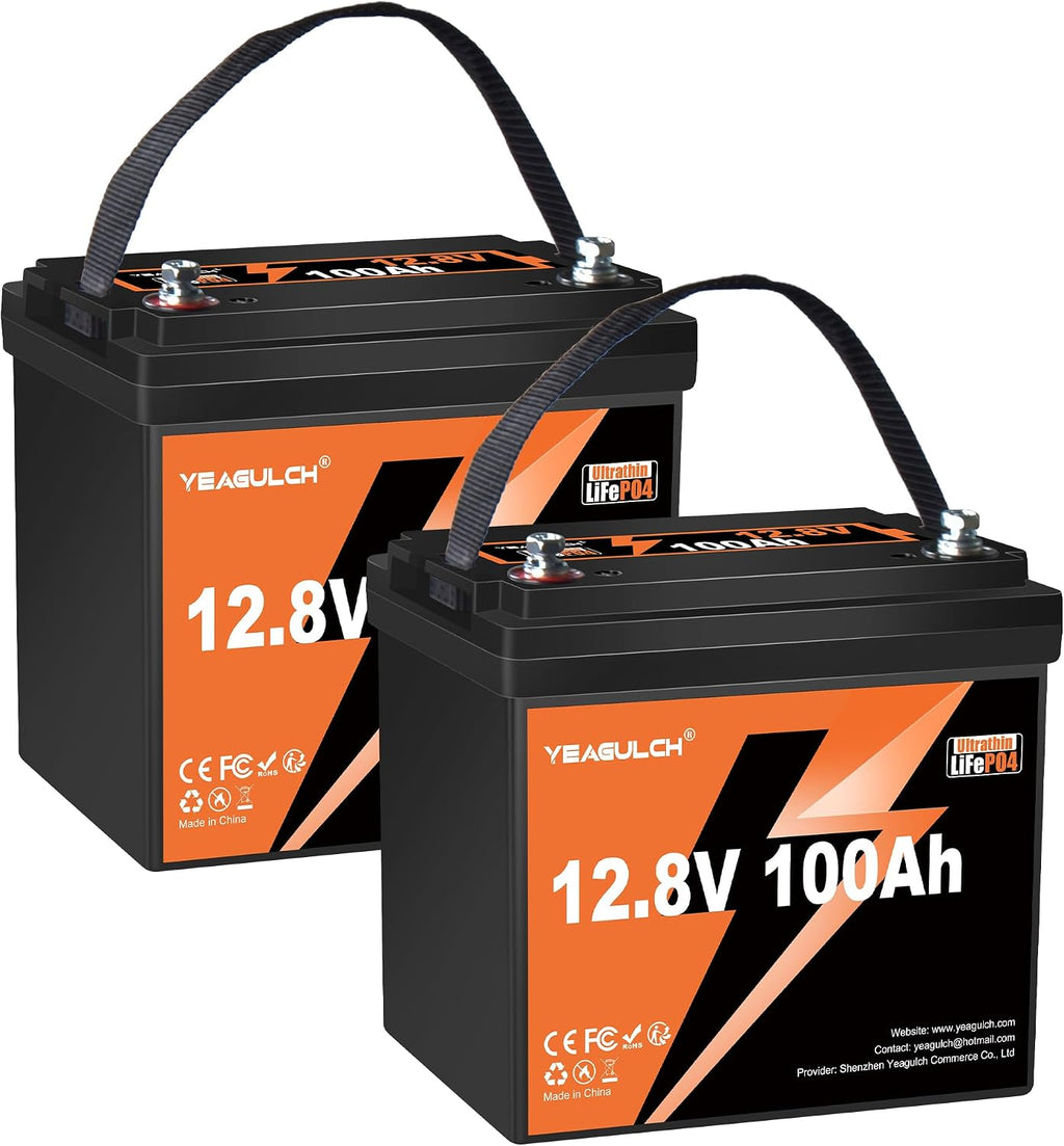 2 Packs 12V 100Ah Slim LiFePO4 Lithium Battery,1280Wh 15000+ Deep Cycle Lithium Iron Phosphate Battery 100A BMS 12V Lithium Battery Ideal for RV Solar Off-Grid Systems Home Energy Storage