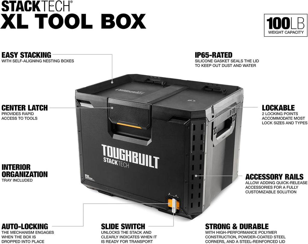 ToughBuilt StackTech XL Tool box Organizer with Lock and Removable Tray, Black