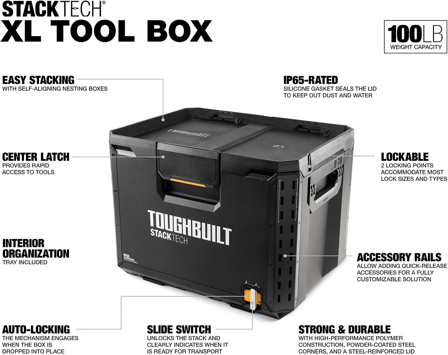 ToughBuilt StackTech XL Tool box Organizer with Lock and Removable Tray, Black