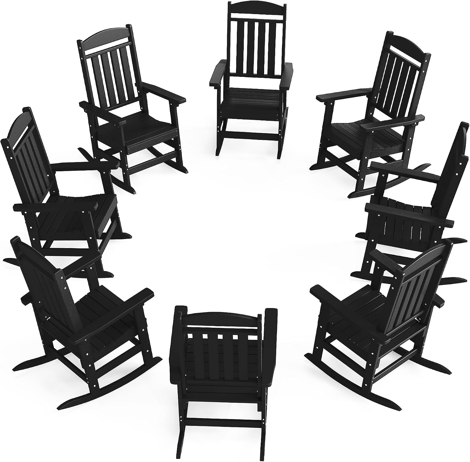 NAVINE Outdoor Rocking Chairs Set of 8, Oversized High Back Patio Rocking Chairs, All Weather Porch Rocking Chairs for Outside. Black