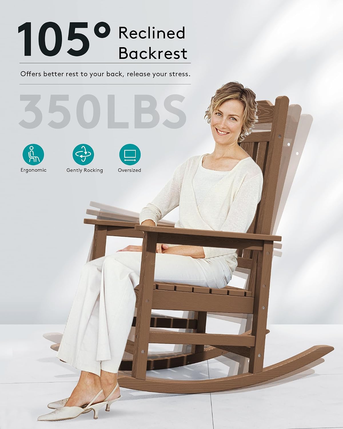 SERWALL Oversized Rocking Chair, HDPE Outdoor Rocking Chairs, Patio Rocking Chair Sets for Adults, Brown