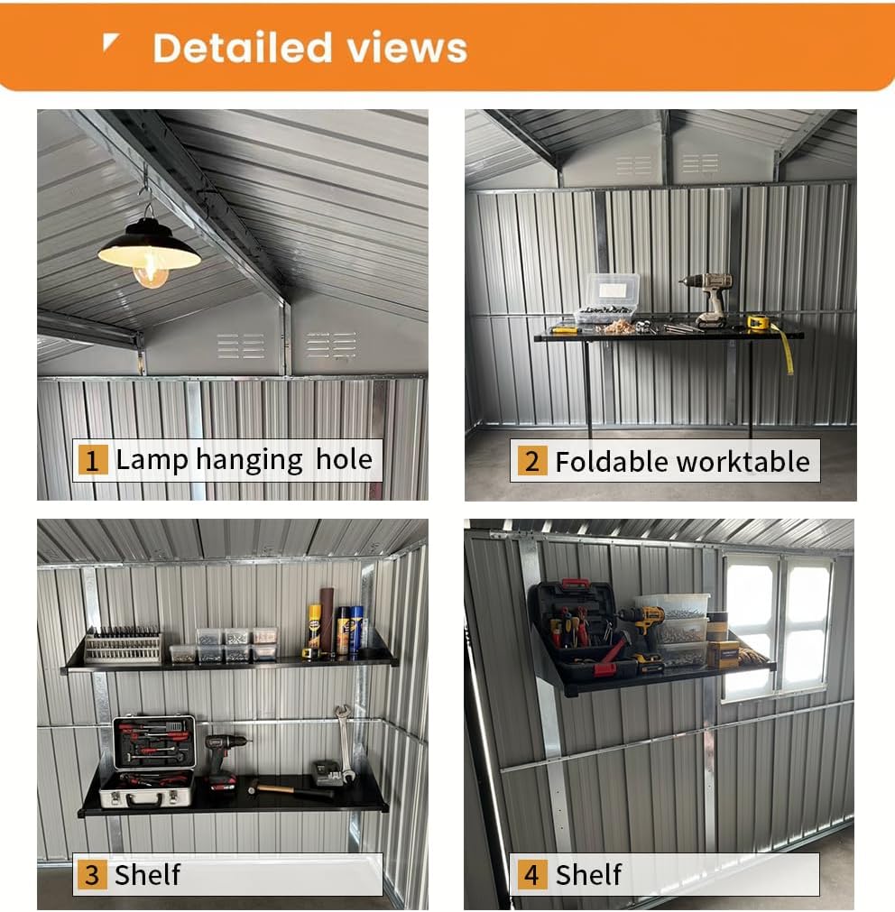 10x12 FT Outdoor Storage Shed, Large Metal Garden Shed with Window & Hinged Door, Upgraded Outside Tool Shed with Foldable Worktable & 2 Shelves, Waterproof Storage Building for Backyard, Brown+Black