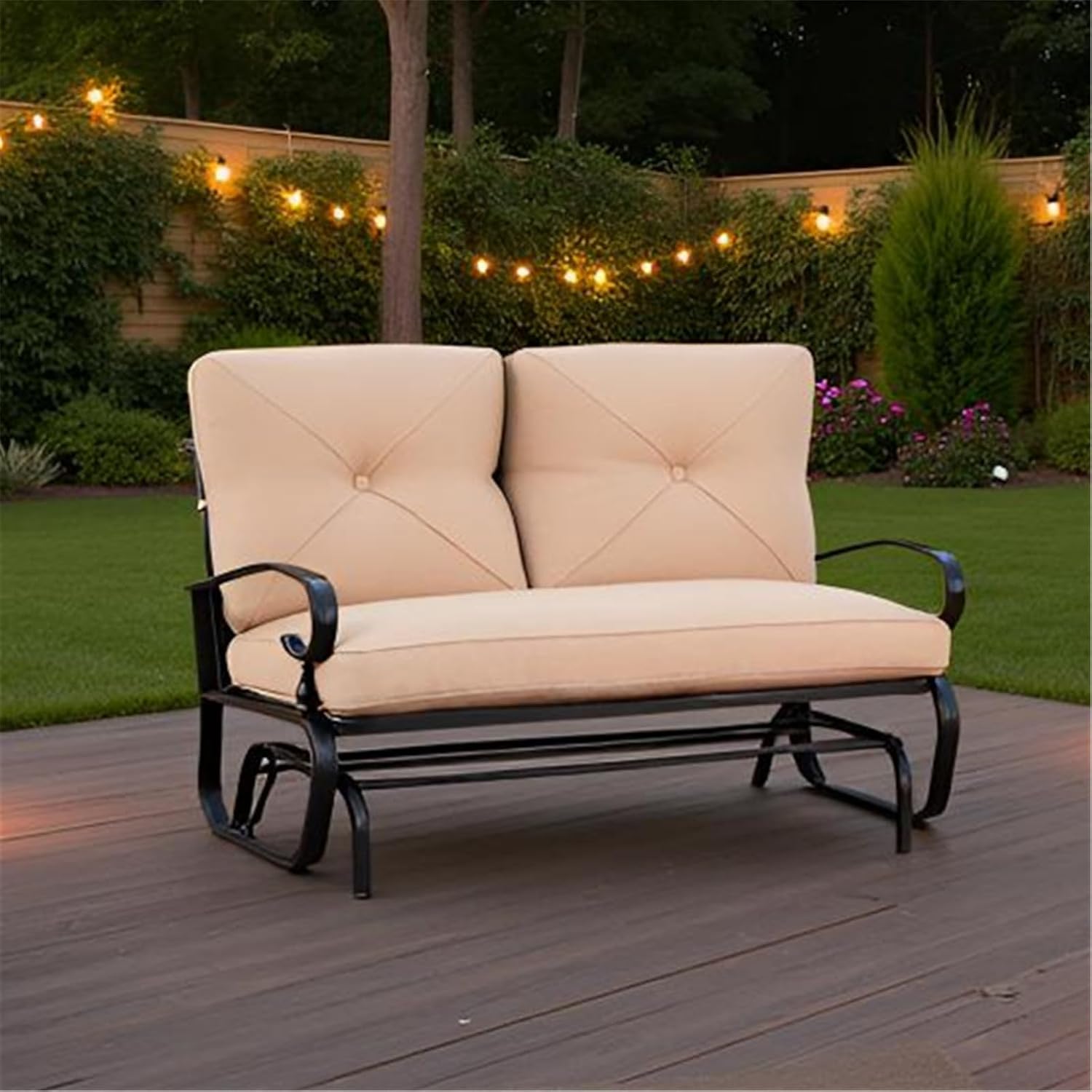 SUNCROWN Outdoor Swing Glider Chair, Patio 2 Seats Loveseat Rocking Chair with Cushions, Steel Frame Furniture - Brown