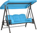 Outsunny 3-Seat Patio Swing Chair, Outdoor Porch Swing Glider with Adjustable Canopy, Removable Cushion, Pillows and Side Trays, for Garden, Poolside, Backyard, Blue