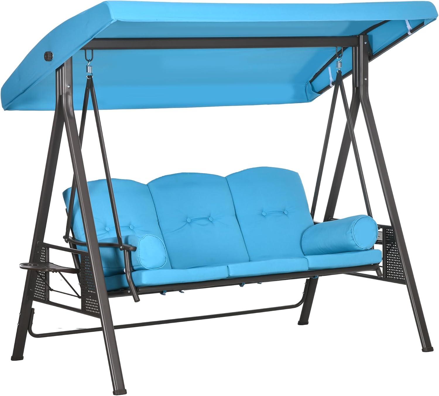 Outsunny 3-Seat Patio Swing Chair, Outdoor Porch Swing Glider with Adjustable Canopy, Removable Cushion, Pillows and Side Trays, for Garden, Poolside, Backyard, Blue