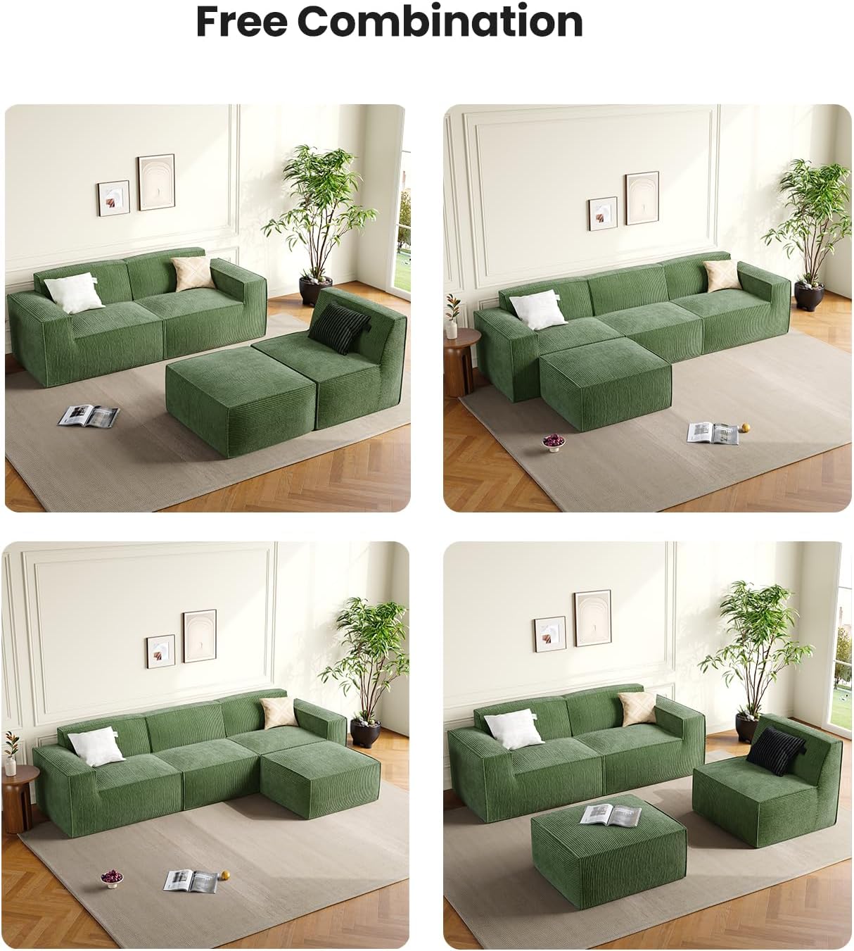 Amada 110' Cloud Sectional Couch with L-Shape Chaise&Movable Ottoman,Modern Modular Sofa with Deep Seat, Boneless Sofa,Couches for Living Room Bedroom,No Assembly Required, Green(Corduroy Fabric)